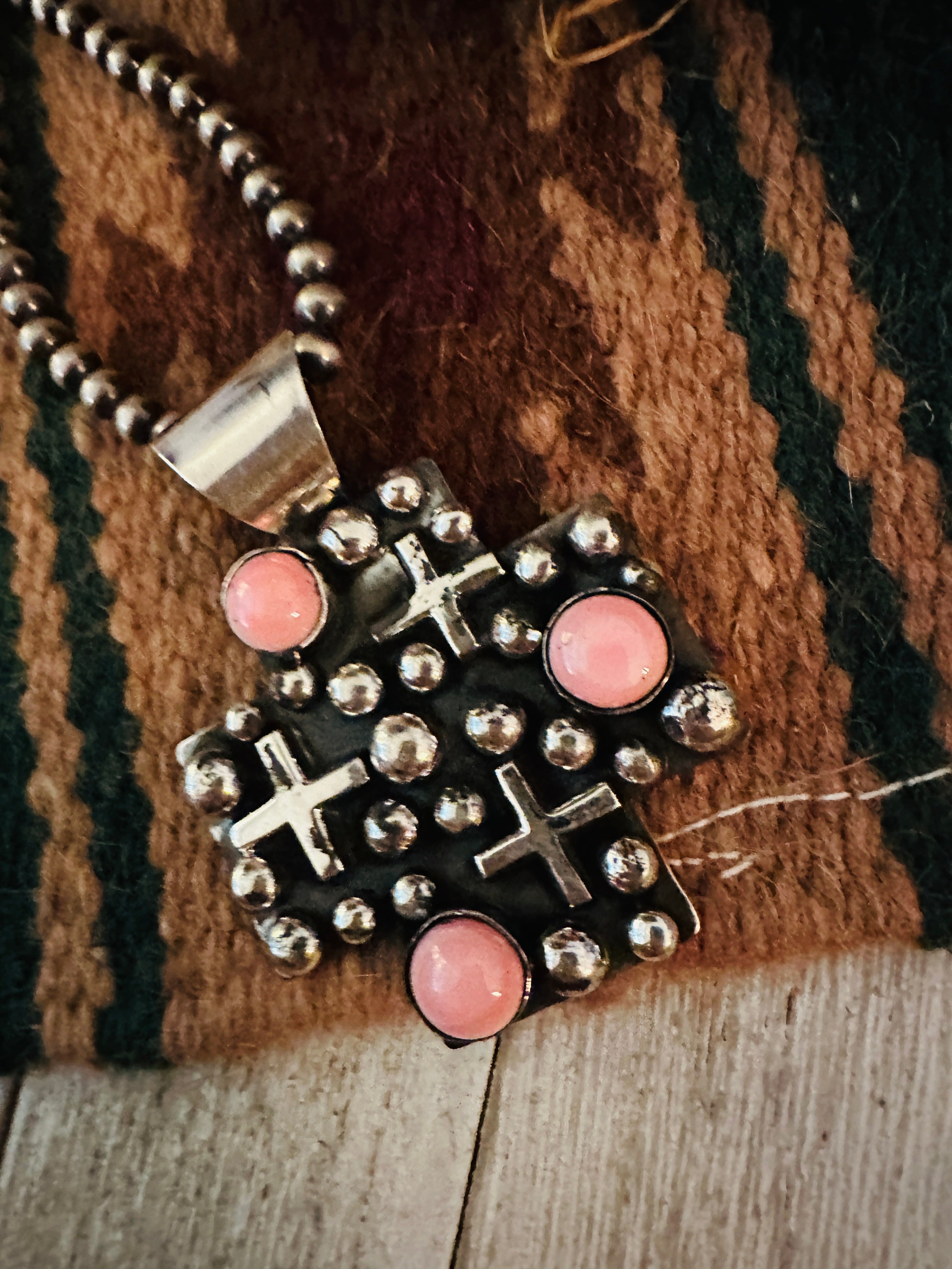 Handcrafted Queen Pink Conch & Sterling Silver Cross Pendant by Chimney Butte
