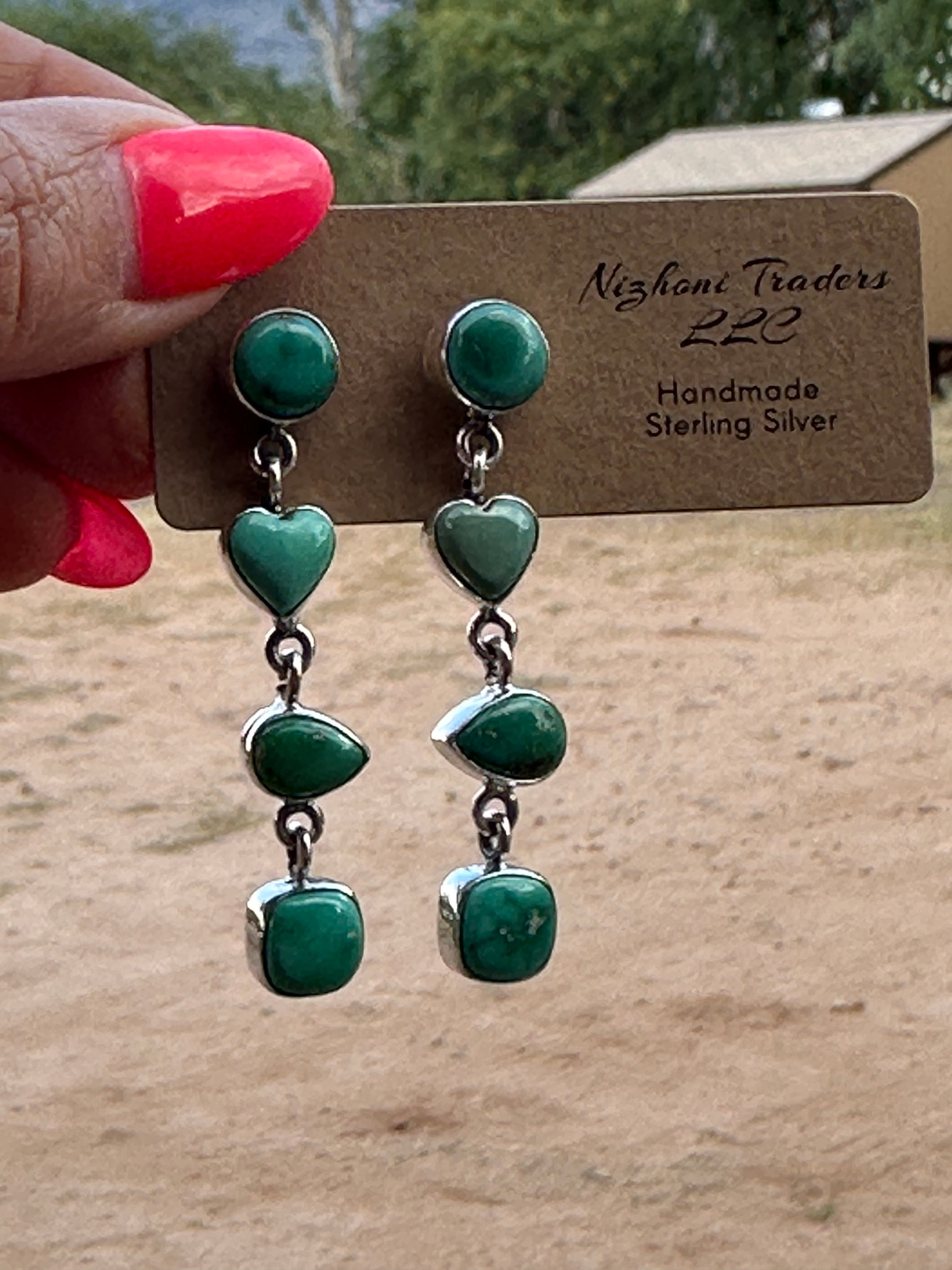 Handmade Emerald Valley Turquoise and Sterling Silver 4 Stone Dangles