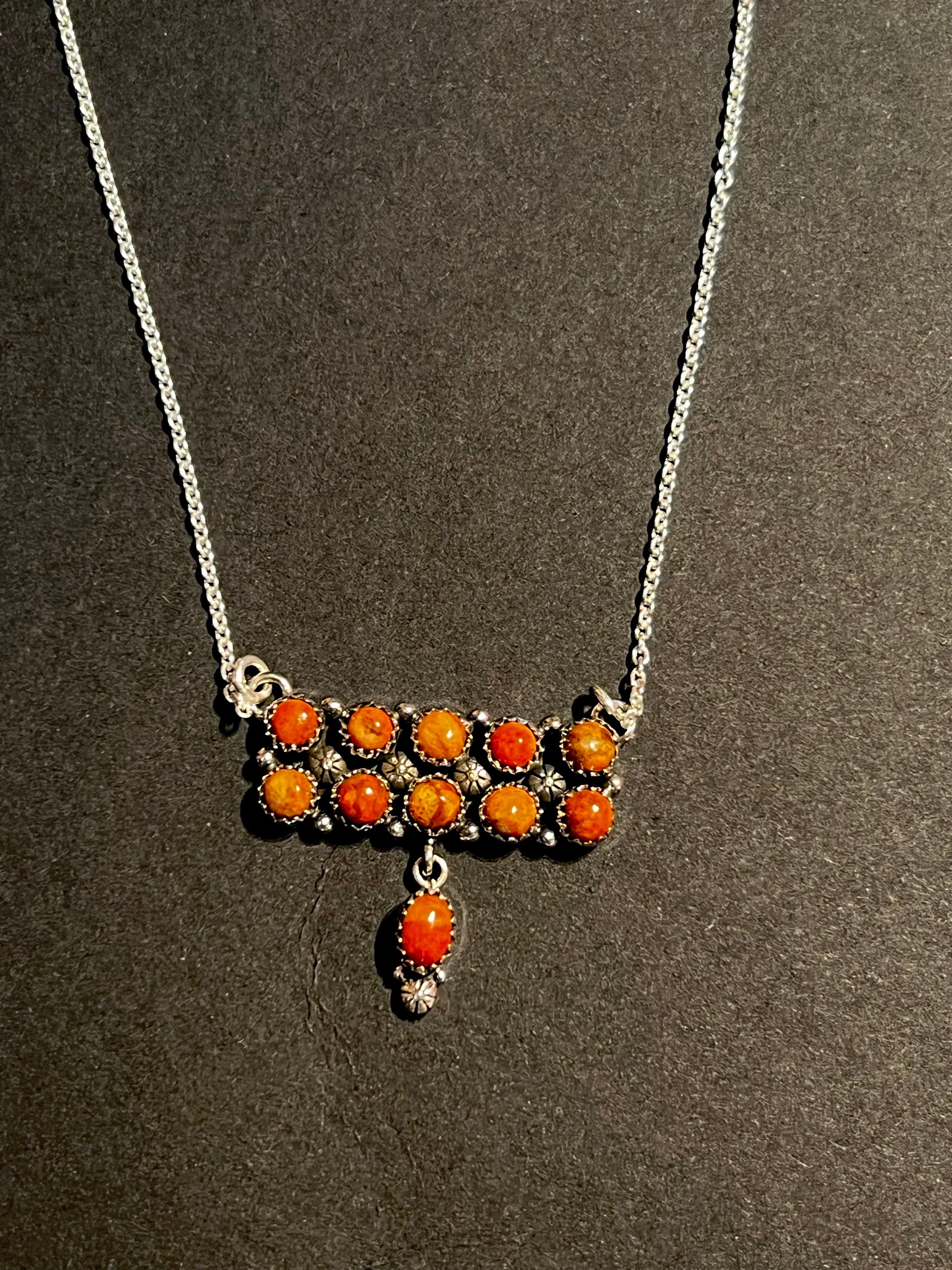 Handmade Sterling Silver & Orange Spiny Tear Drop Dangle, Bar Necklace