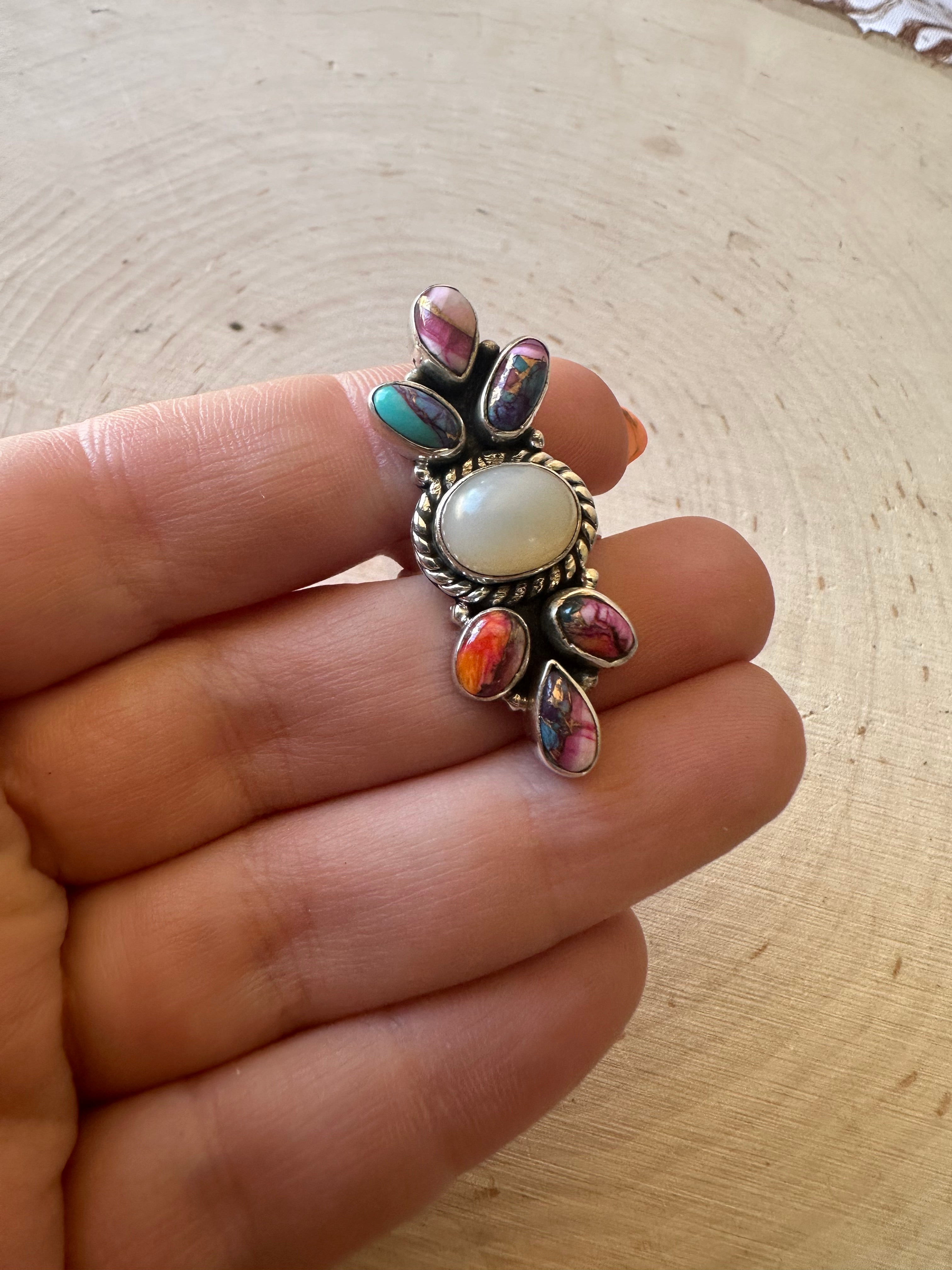 Beautiful Handmade Pink Dream Mojave, Mother of Pearl And Sterling Silver Adjustable Cluster Ring