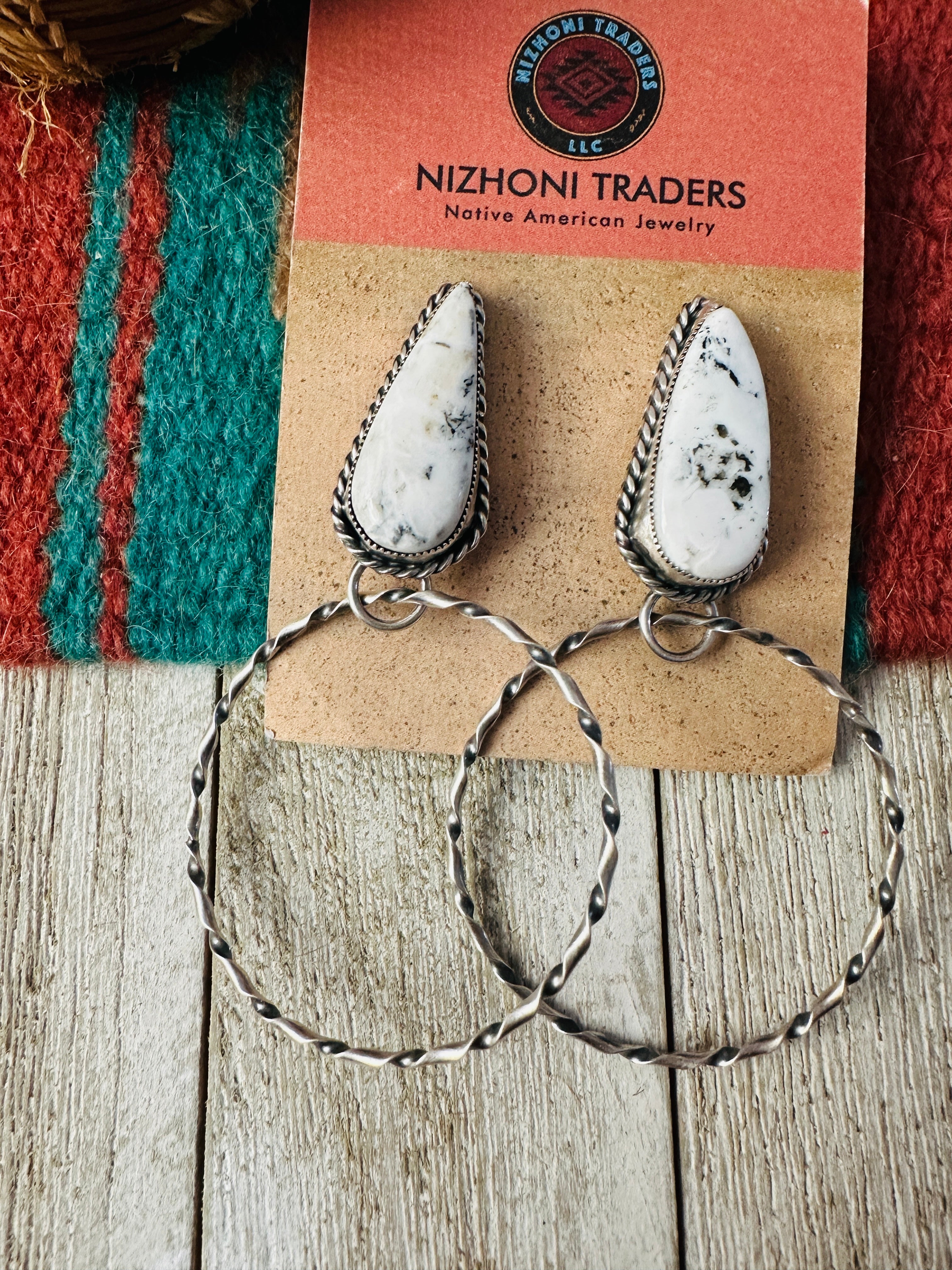 Handcrafted White Buffalo & Sterling Silver Dangle Hoop Earrings