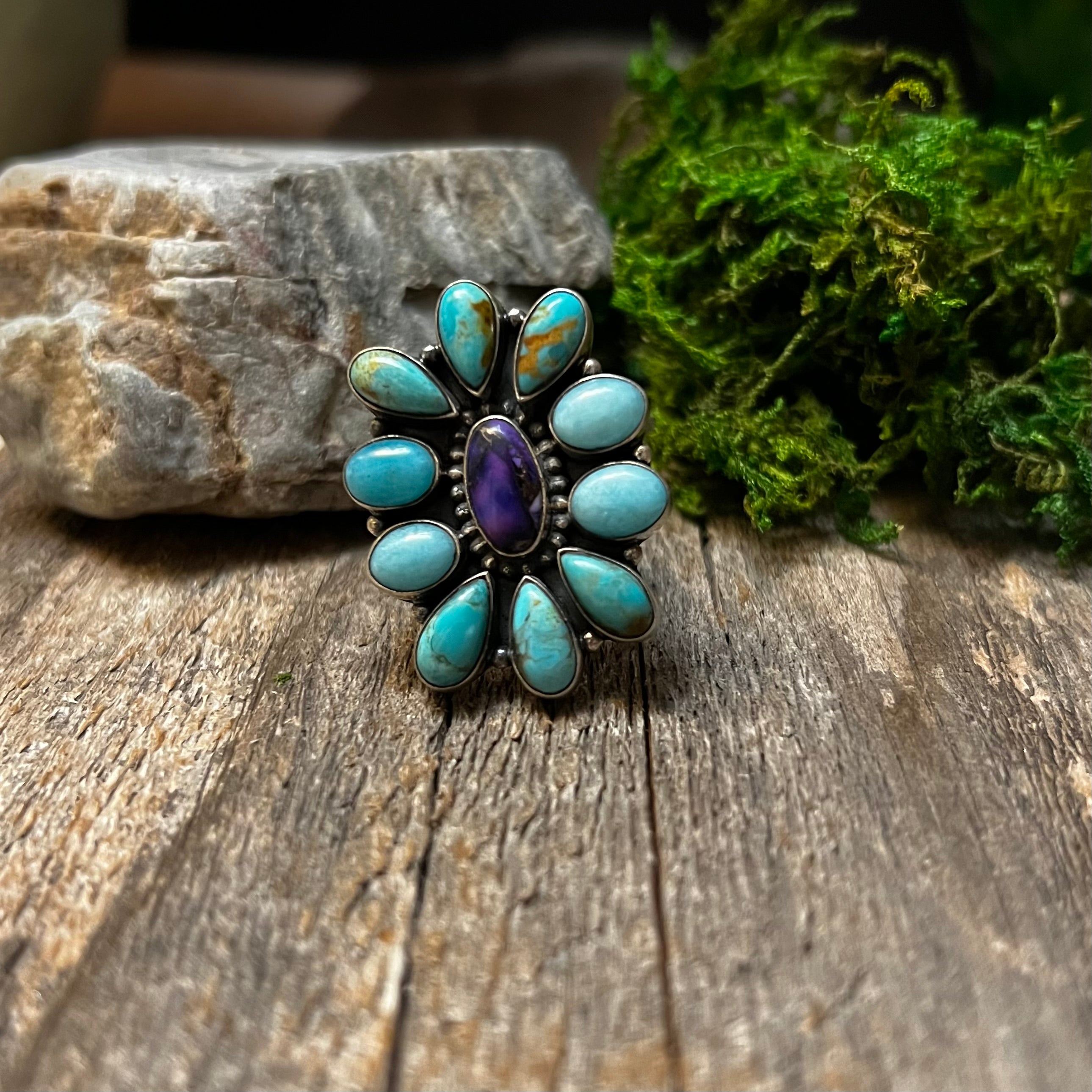 Handmade Sterling Silver Turquoise & Purple Spiny Cluster Ring