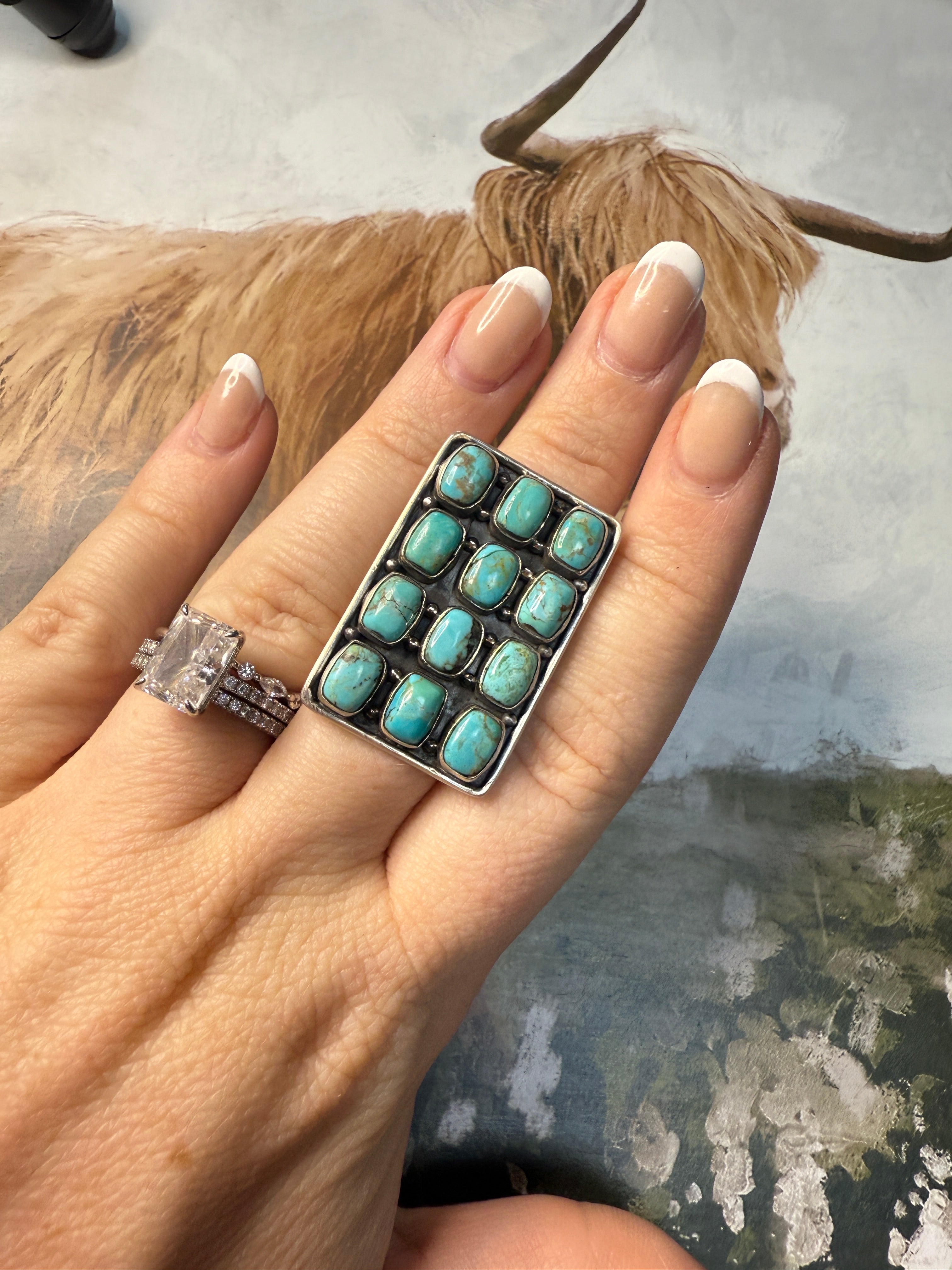 Handmade Kingman Turquoise And Sterling Silver Adjustable 12 Stone Ring