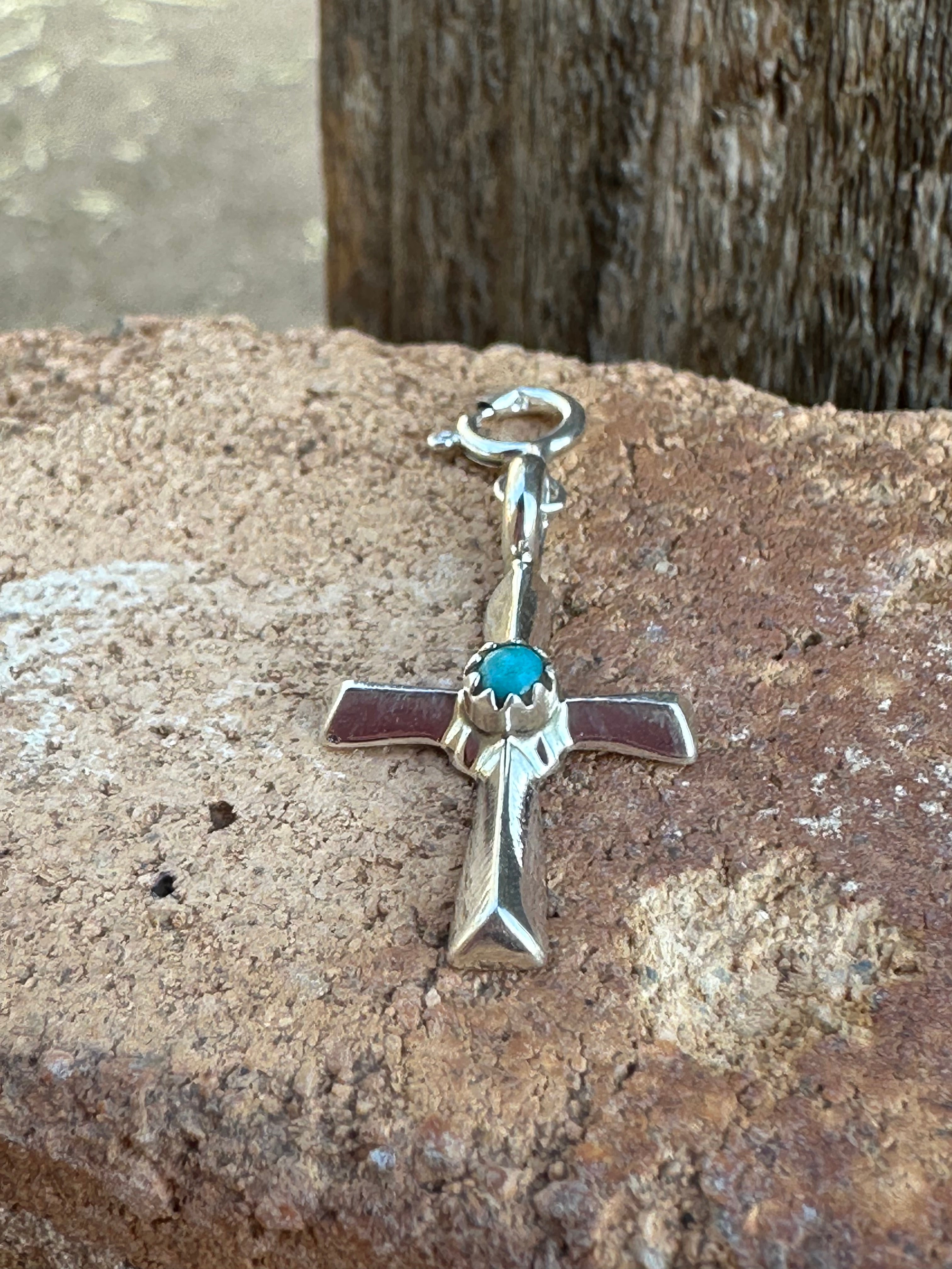 Navajo Crafted Sterling Silver and Turquoise Hand Stamped Cross Charm