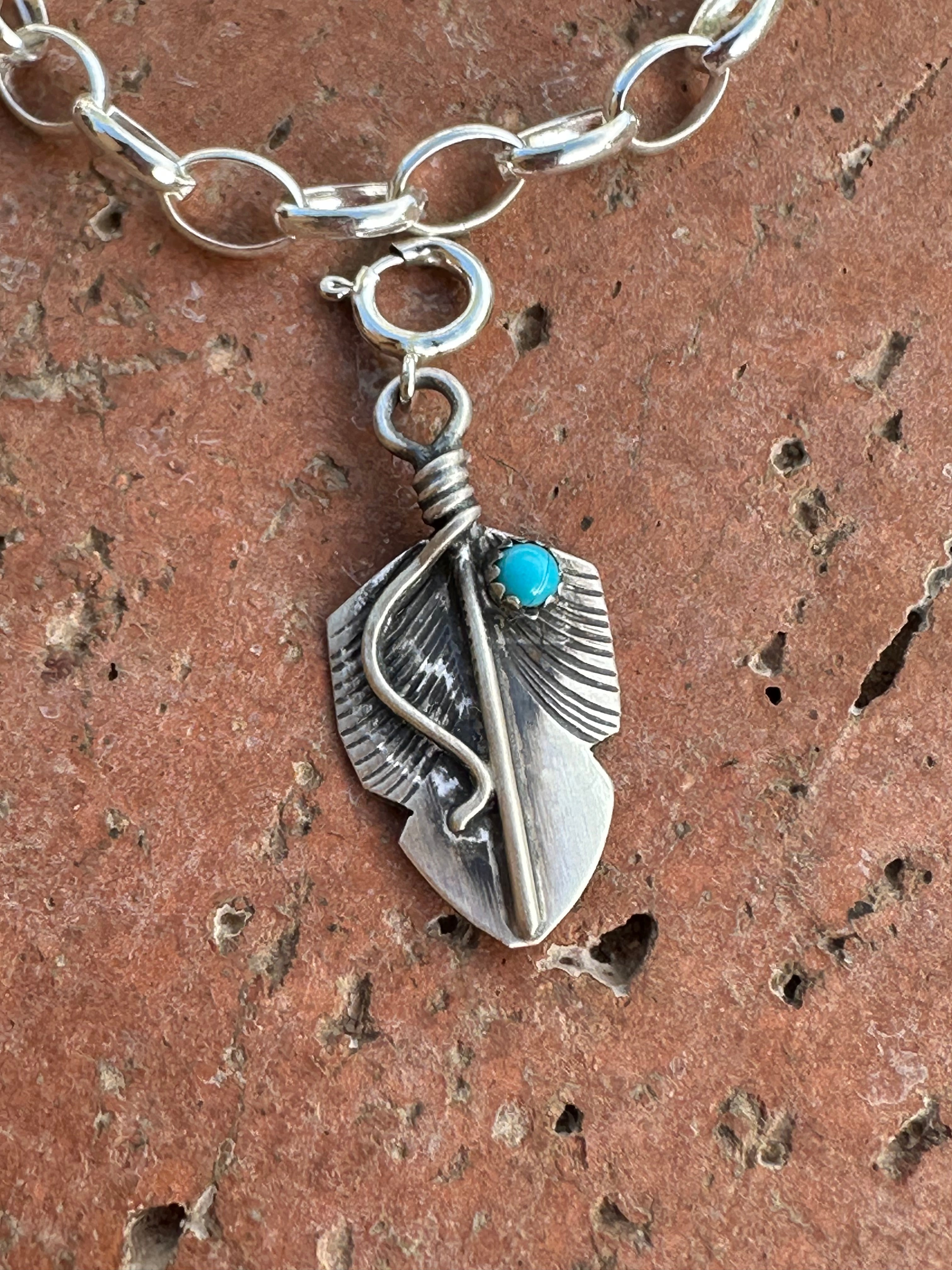 Navajo Crafted Sterling Silver and Turquoise Feather Charm