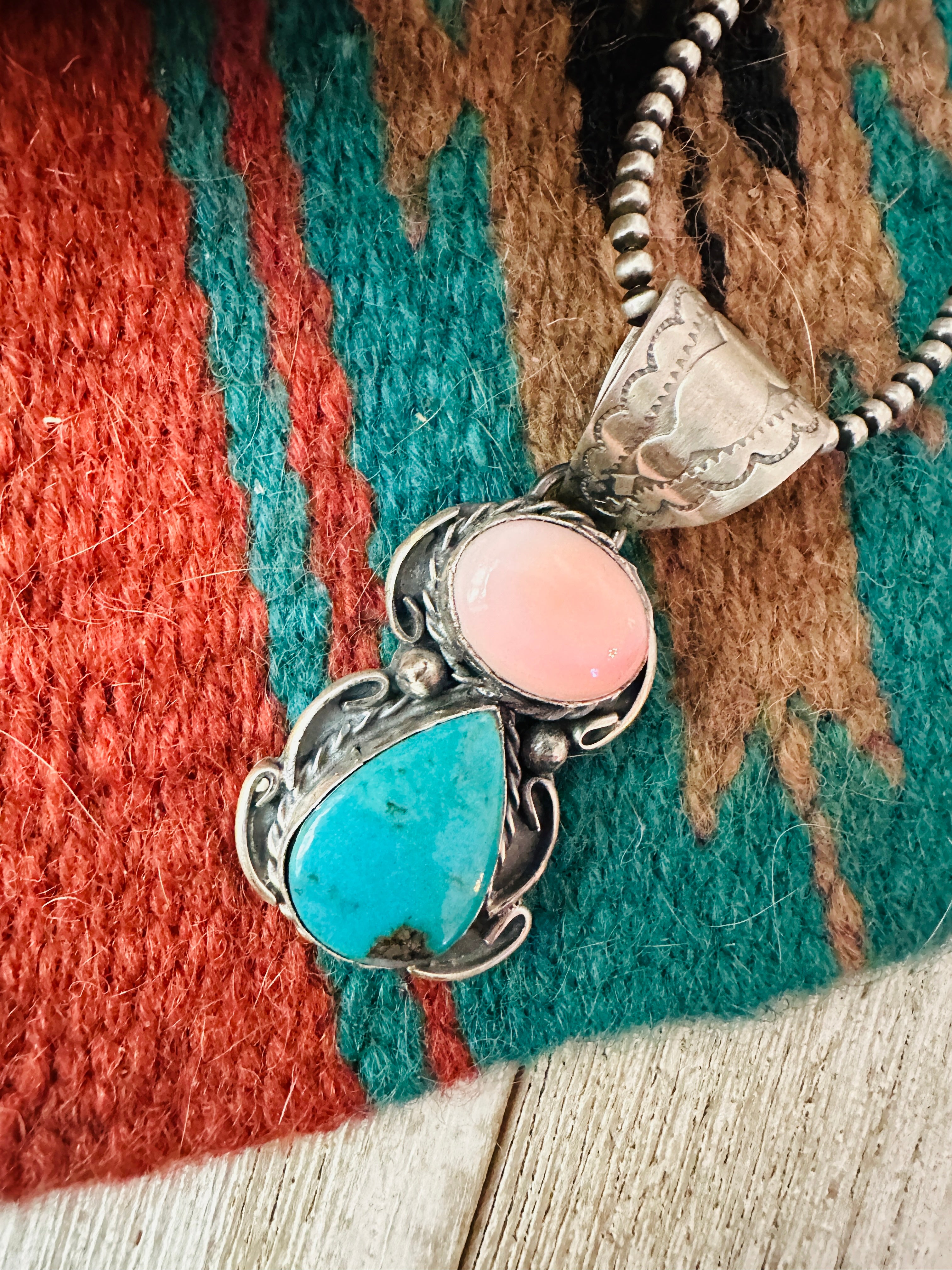 Handcrafted Sterling Silver, Queen Pink Conch & Turquoise Pendant