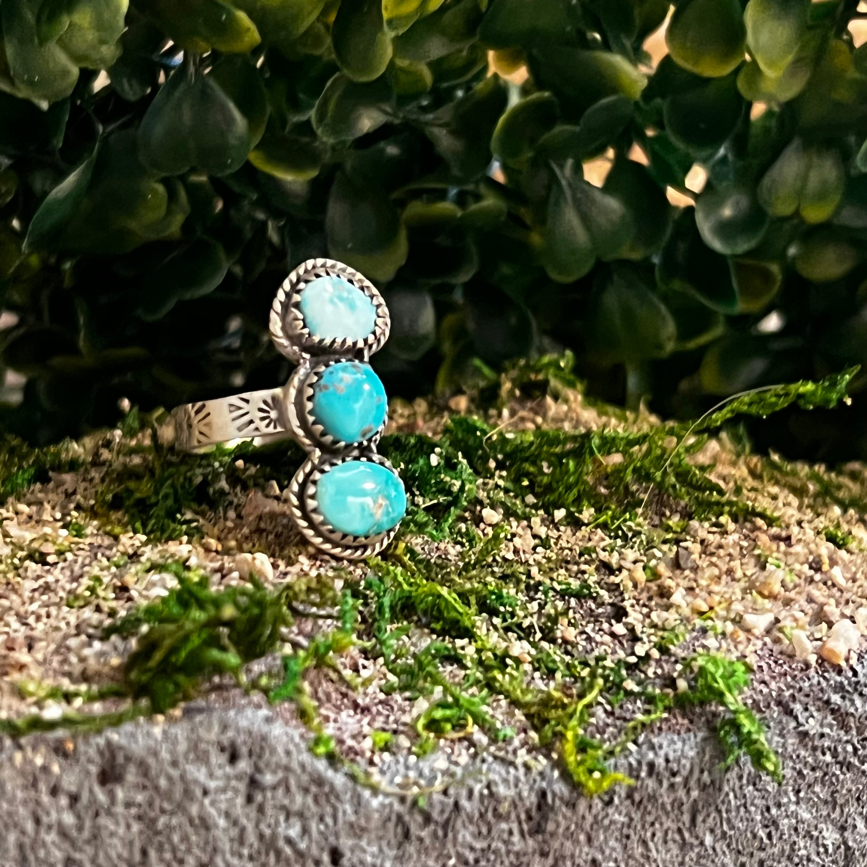 Handmade 3-Stone South Hill, Kingman, & Golden Hills Turquoise Sterling Silver Adjustable Ring