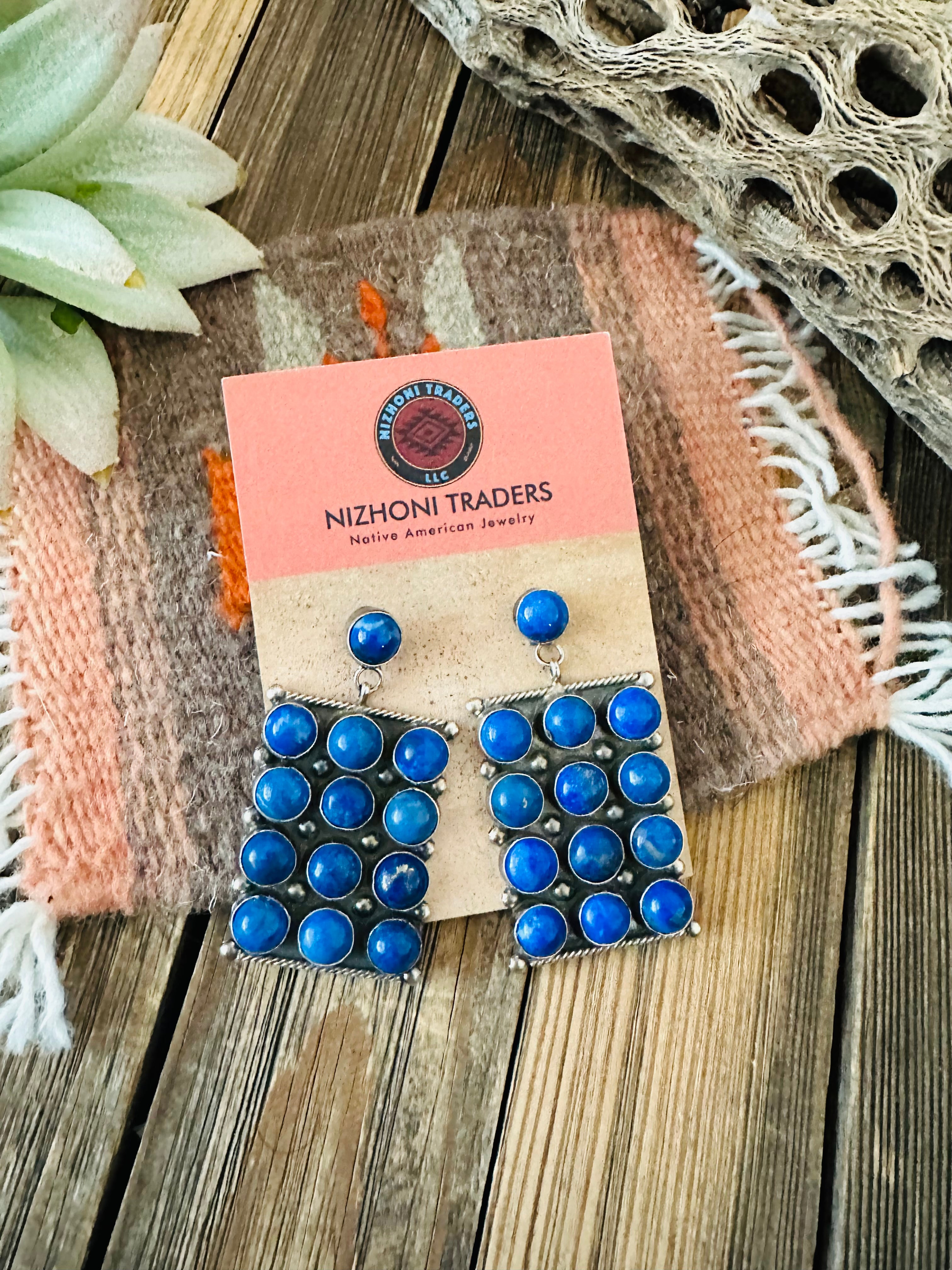 Navajo Lapis & Sterling Silver Cluster Dangle Earrings