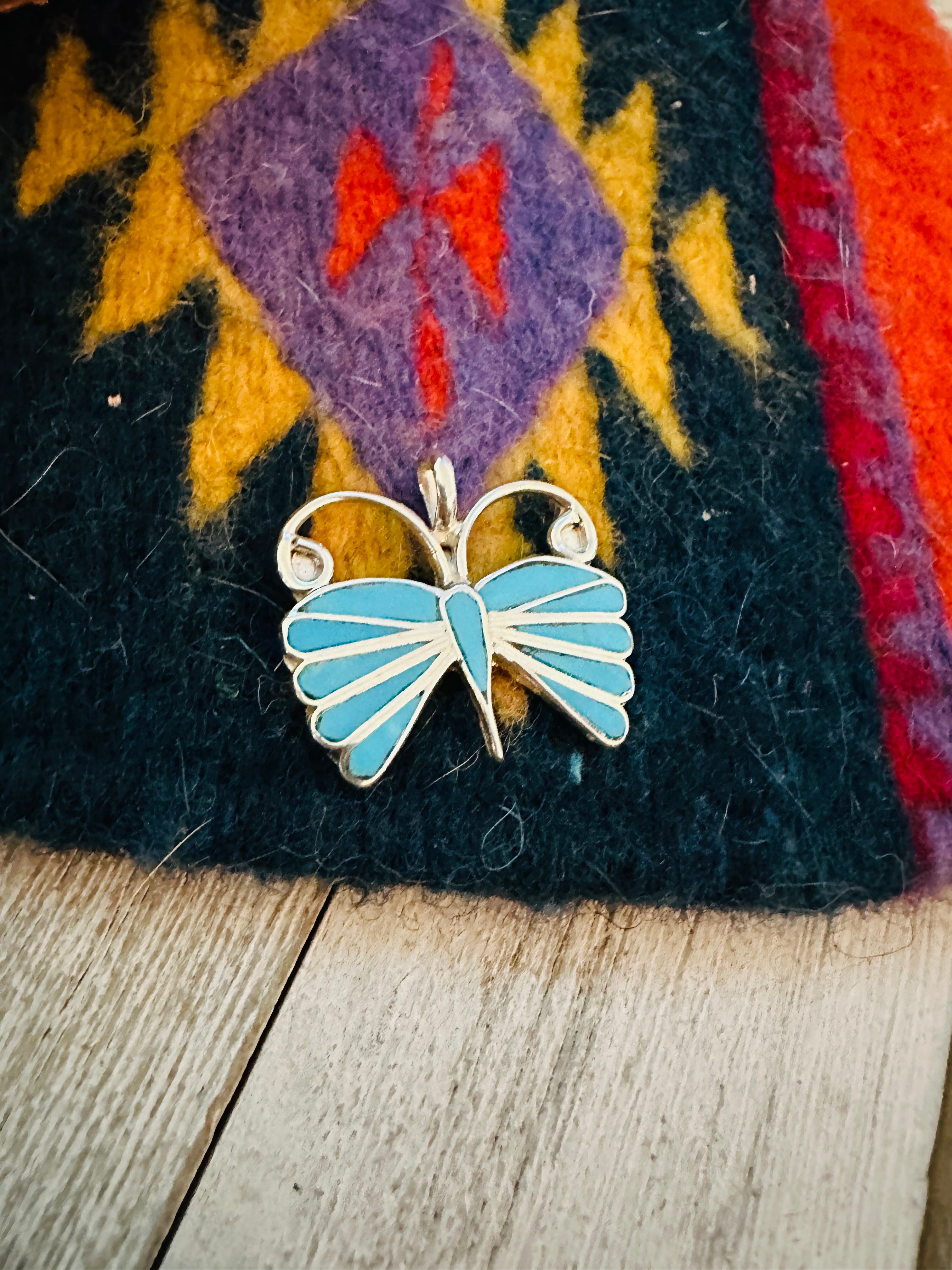 Navajo Sterling Silver & Turquoise Inlay Butterfly Pendant