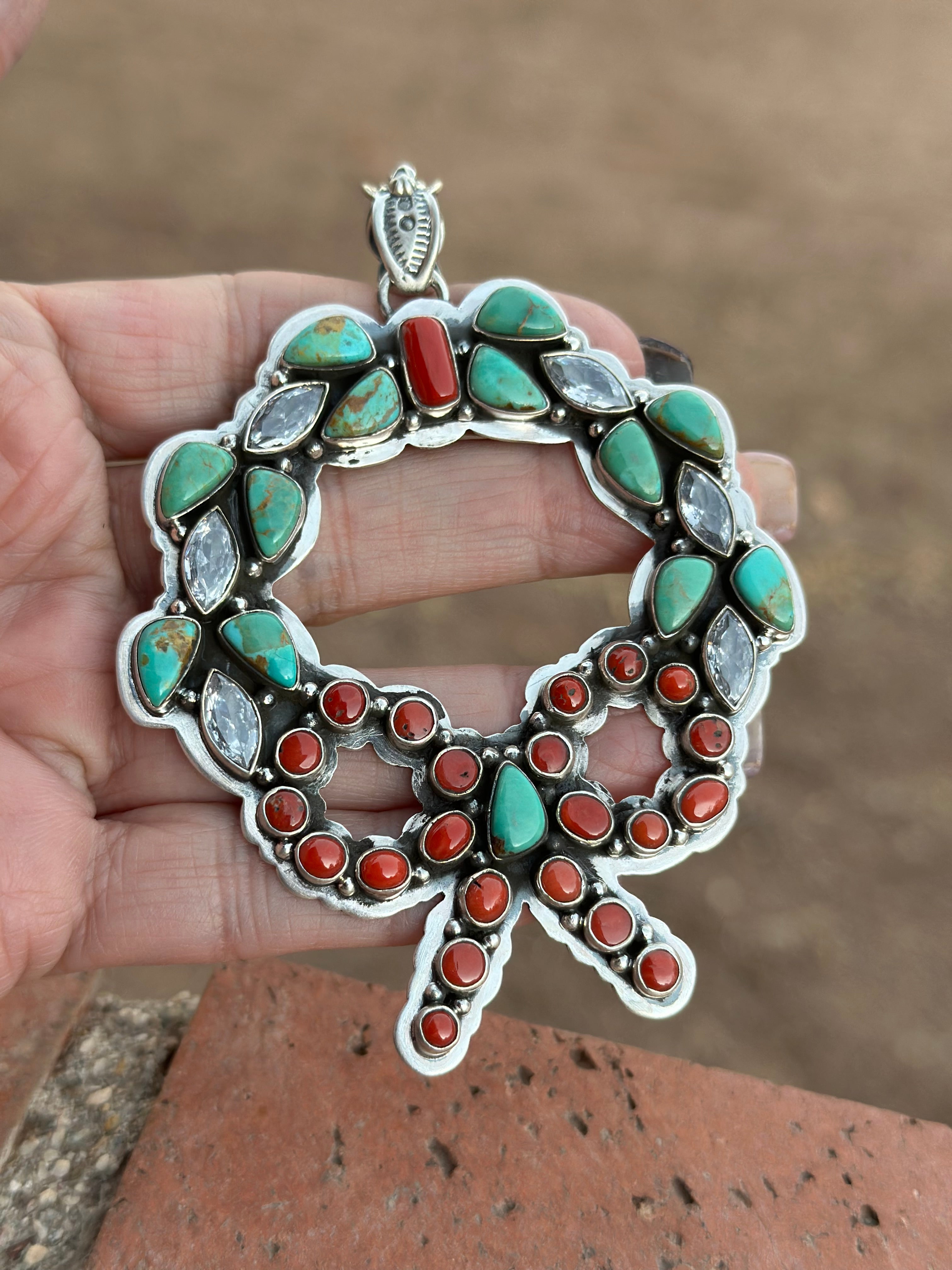 Handmade Sterling Silver, Coral & Kingman Turquoise Christmas Wreath Pendant