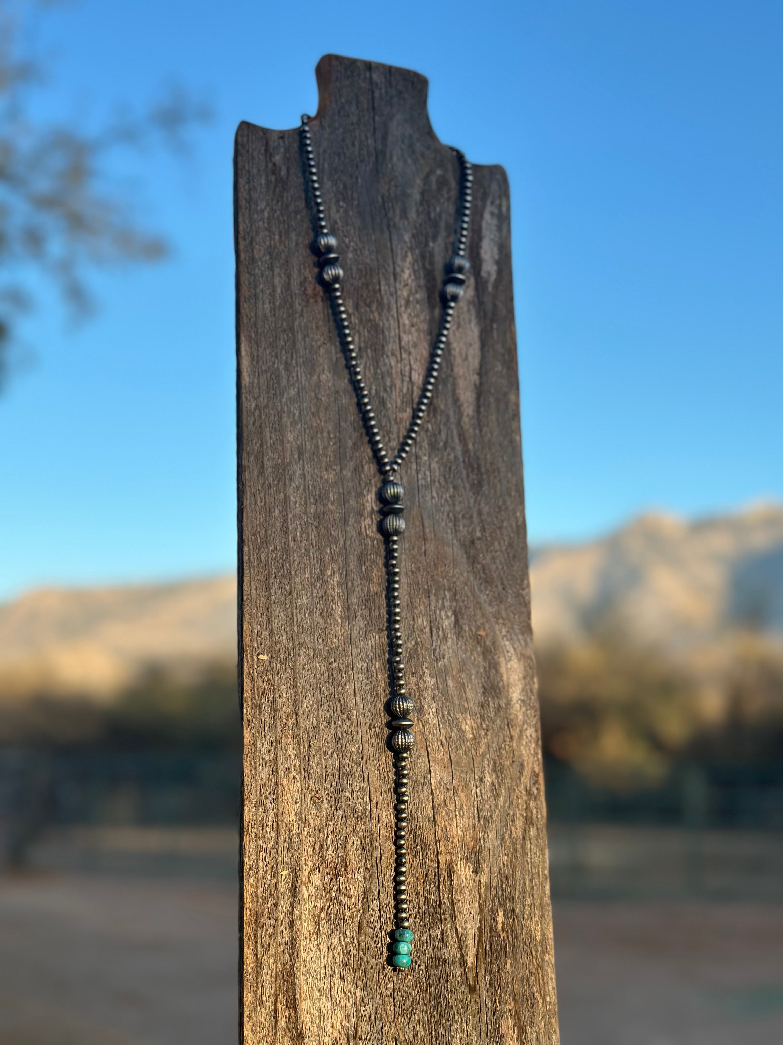 “The Ranch” Handmade Sterling Silver and Turquoise Beaded Drop Lariat Necklace