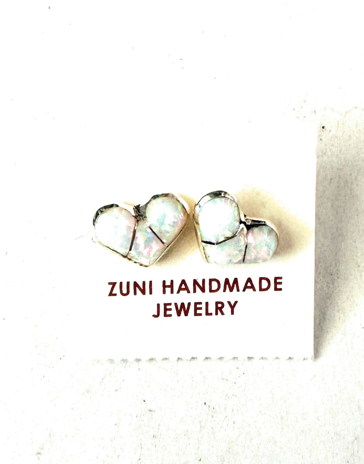 Zuni Sterling Silver & White Opal Inlay Stud Heart Earrings