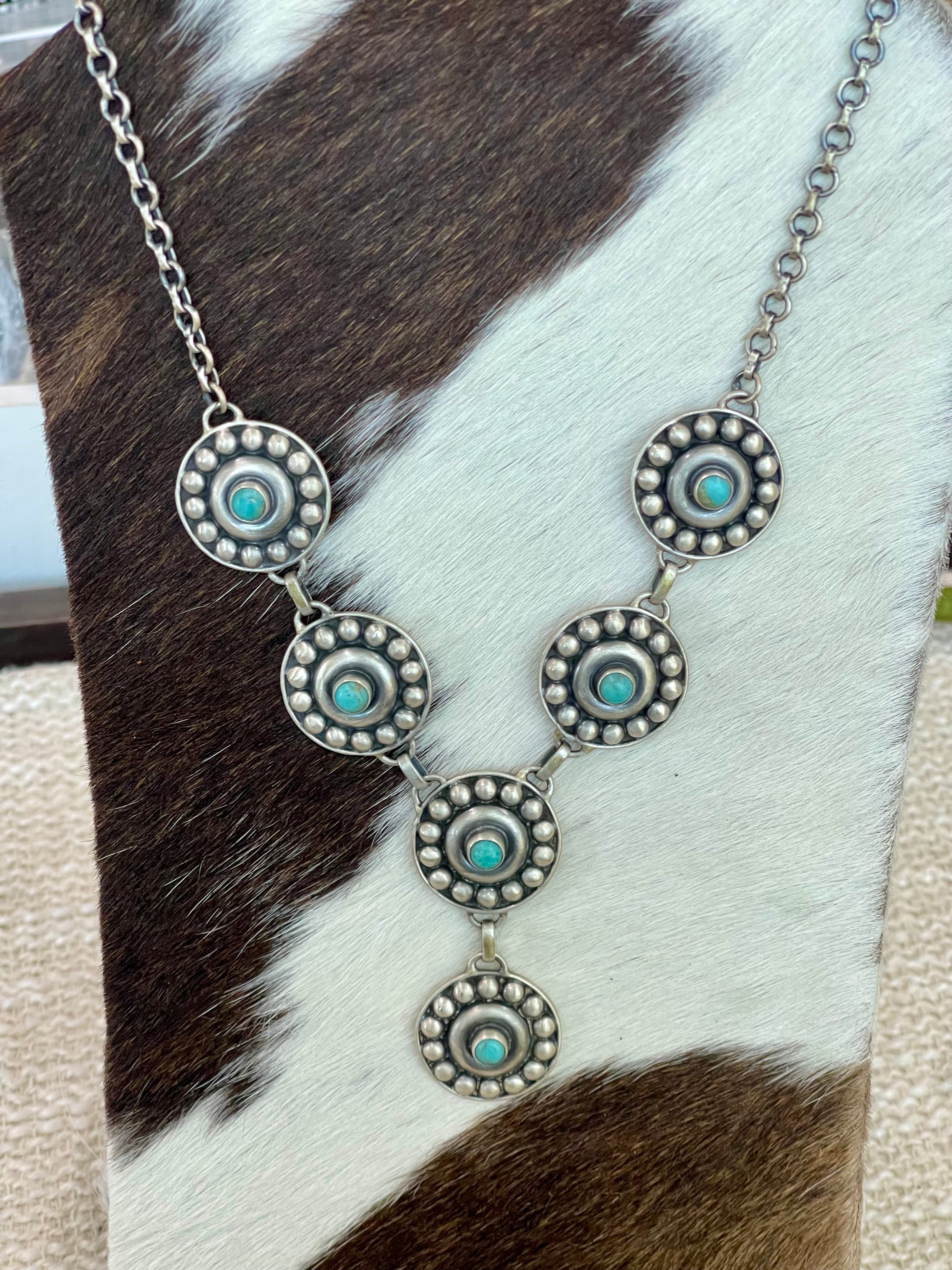 Handmade Sterling Silver Kingman Turquoise Necklace with Signed Nizhoni