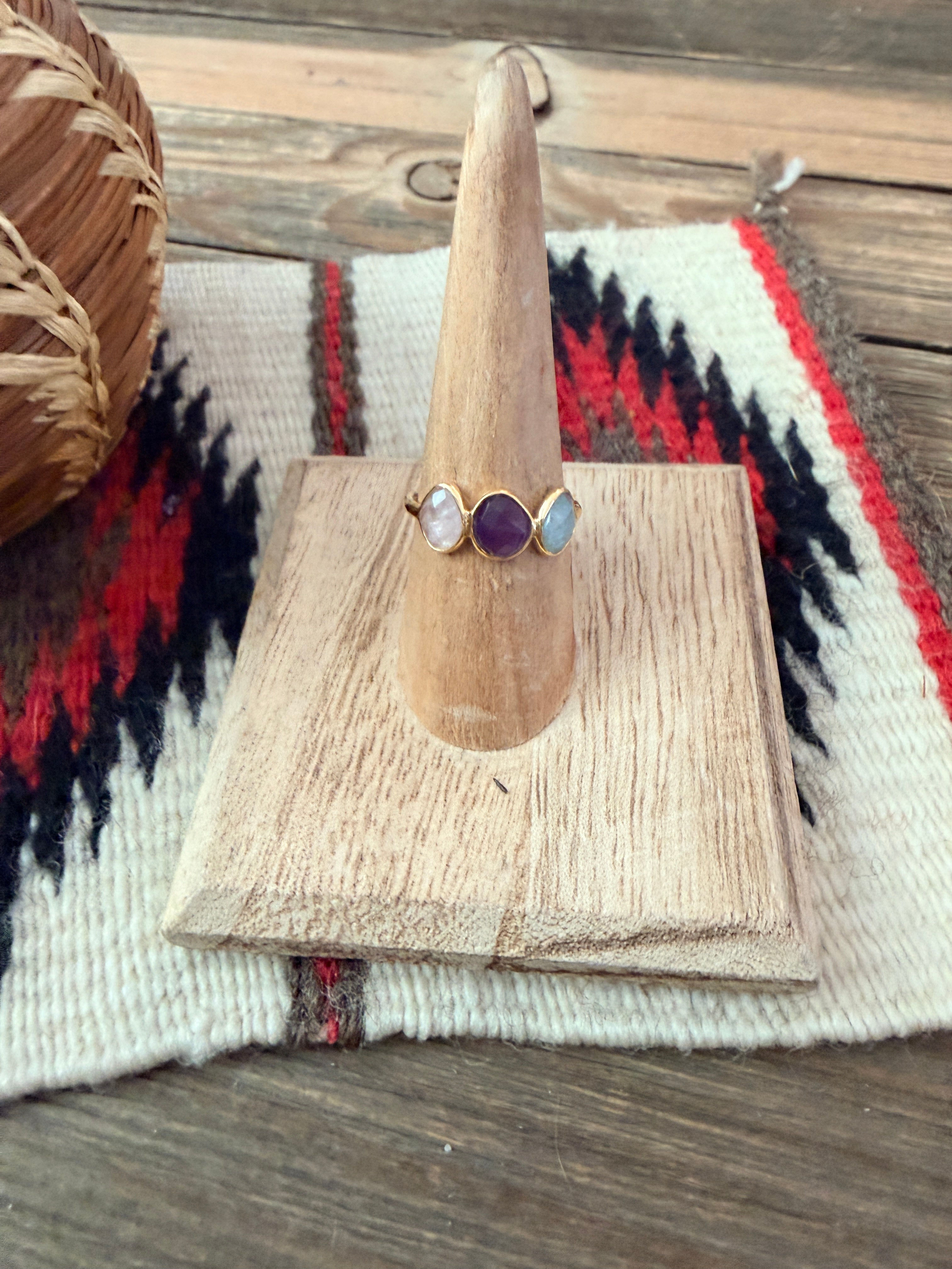 Handmade 18K Gold Vermeil Sterling Silver & Multi Stone Ring Size 7
