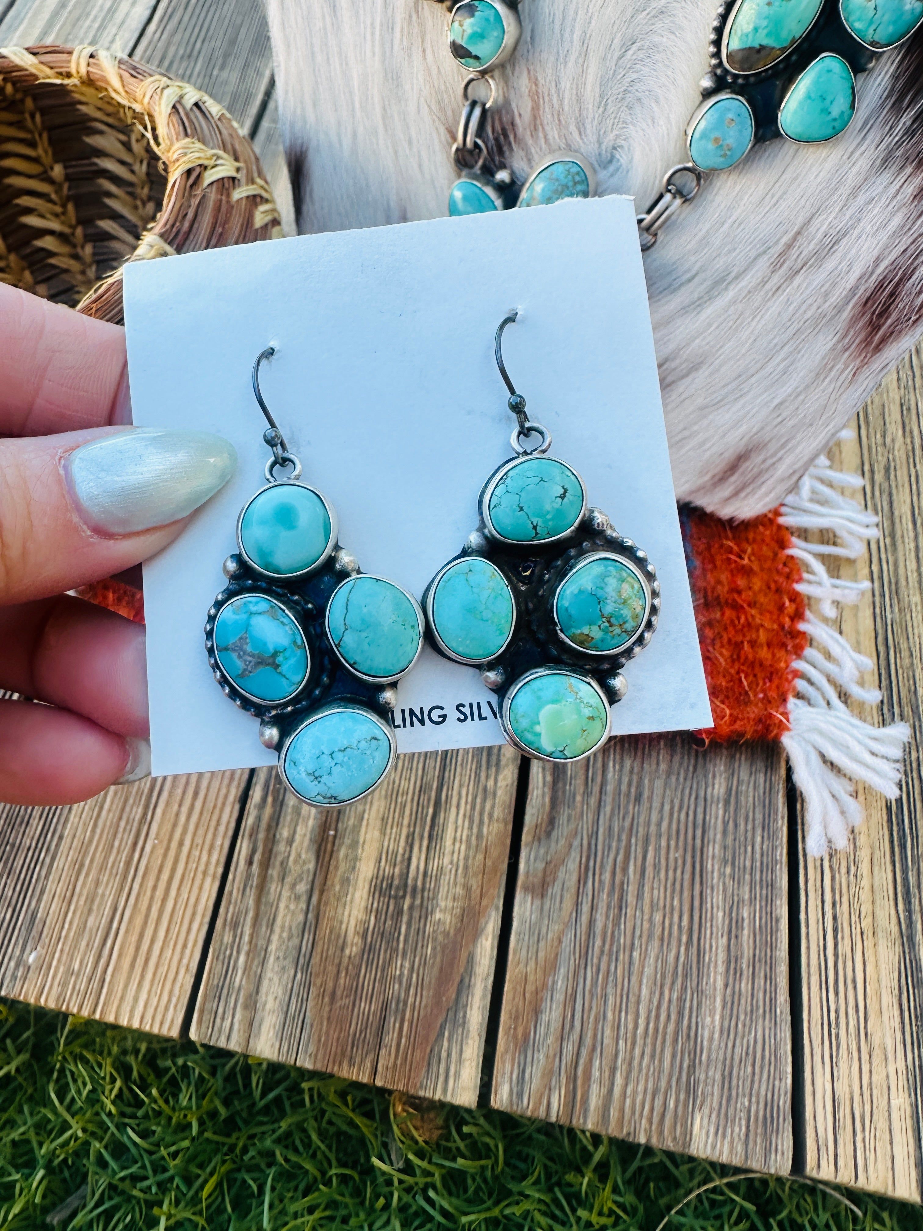 Handcrafted Turquoise & Sterling Silver Cluster Necklace and Earrings Set by Ella Peter