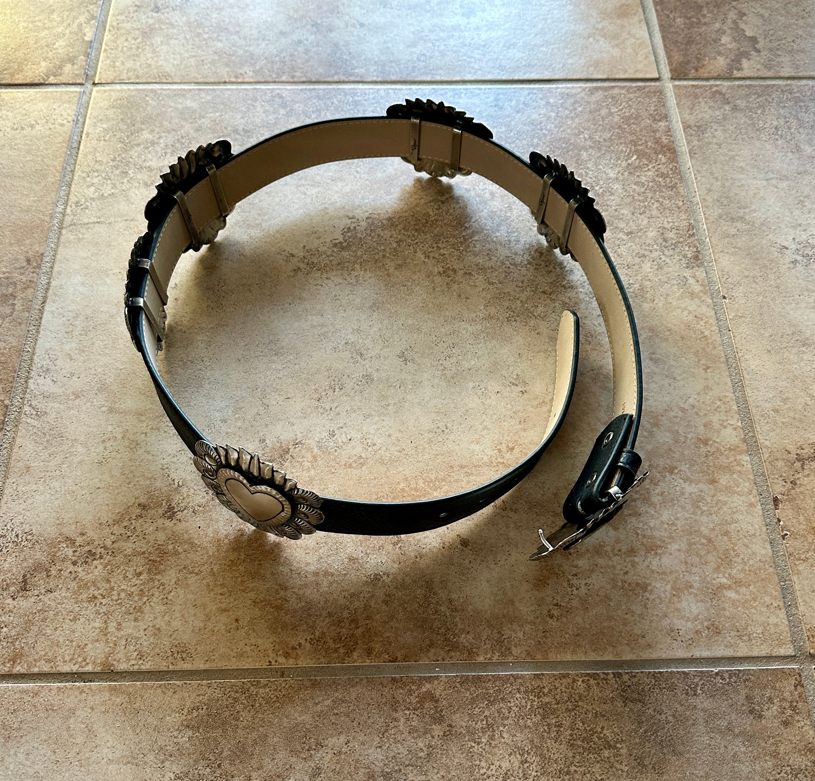 Black Leather Belt With Silver-Plated Heart Brass Buckles