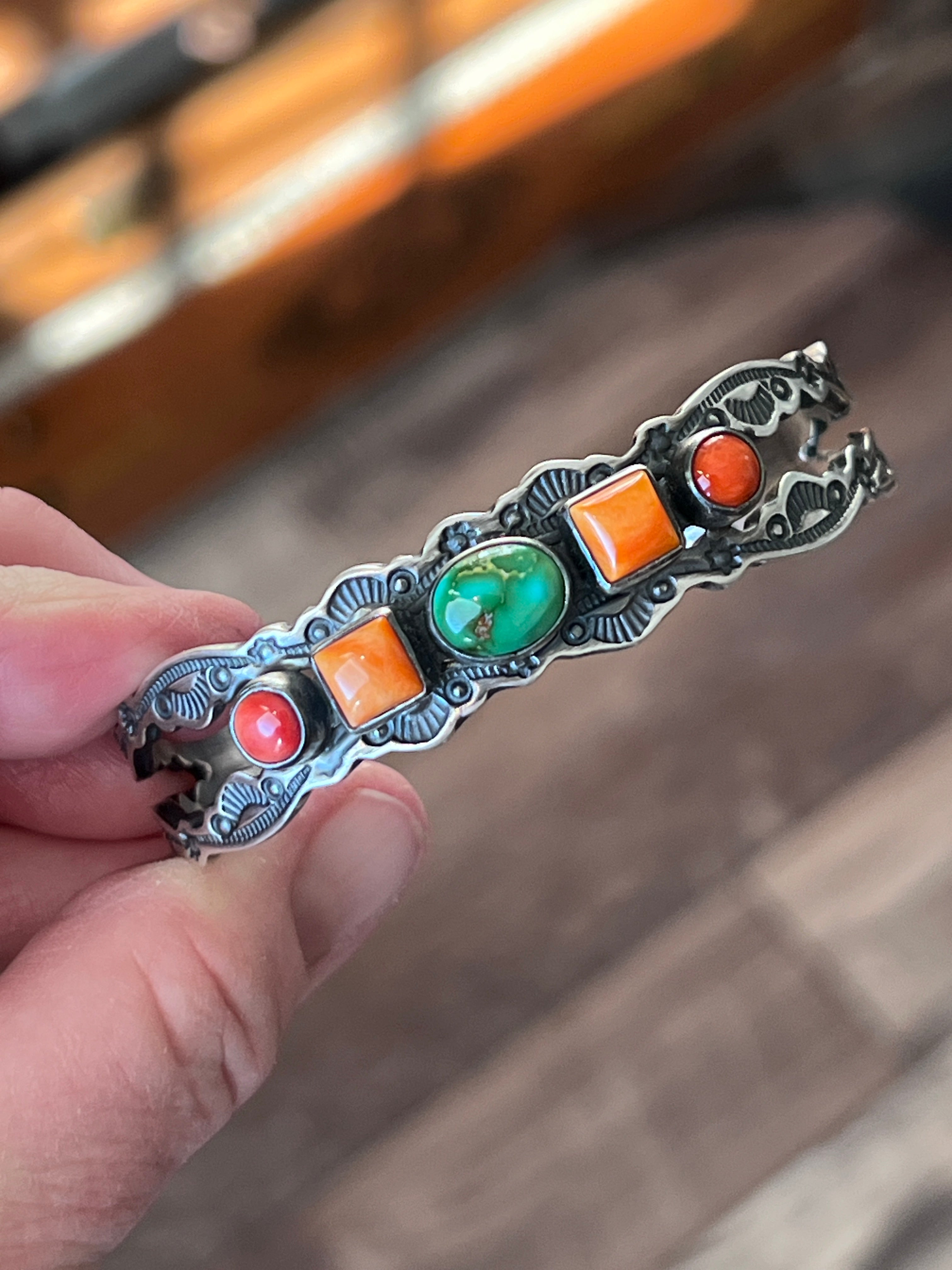 Handcrafted Electric Rainbow Sterling Silver, Sonoran Mountain Turquoise and Spiny Oyster Stacker Cuff Bracelets by Raymond Coriz