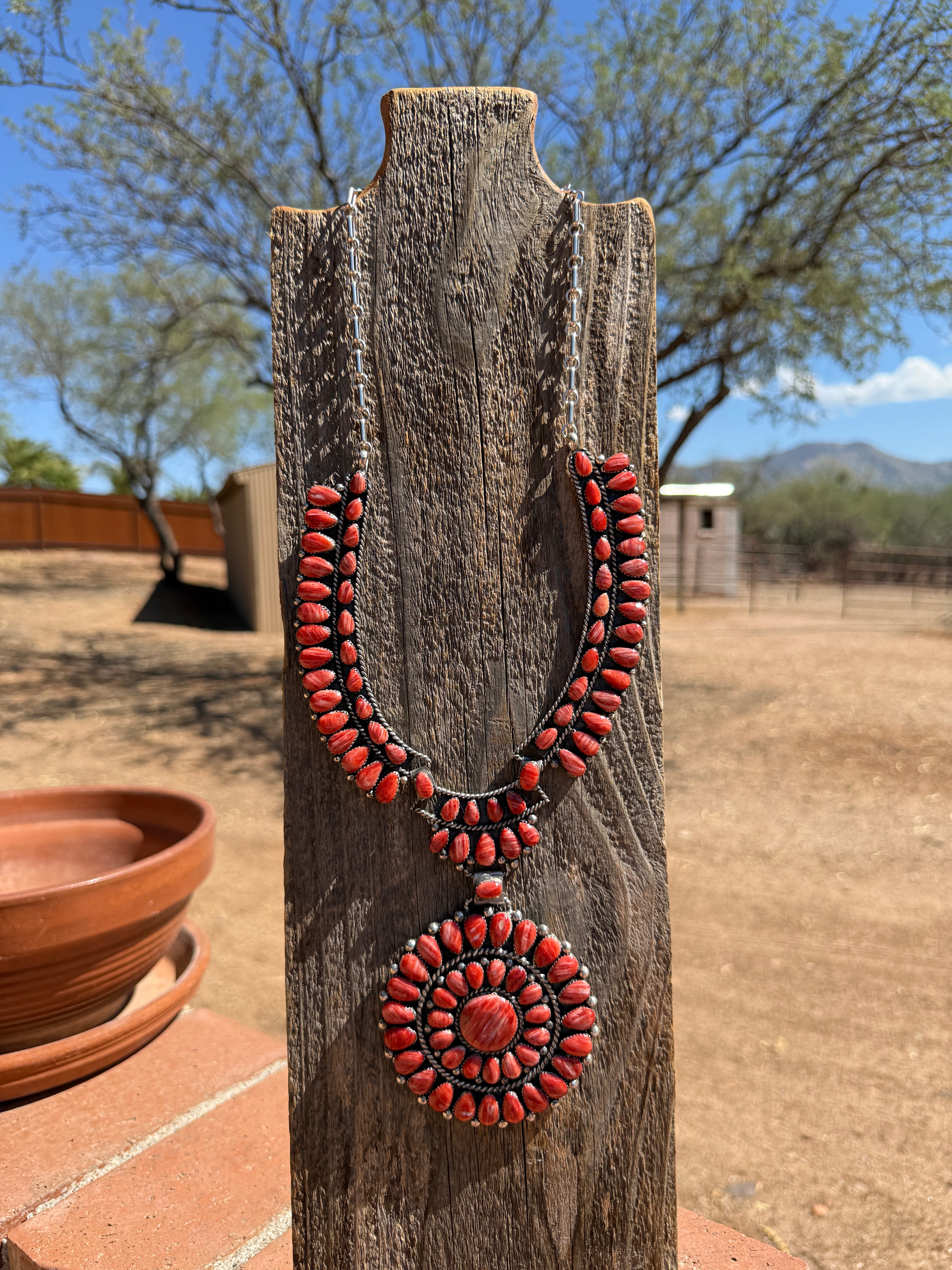 Handmade Sterling Silver & Red Spiny Cluster Necklace