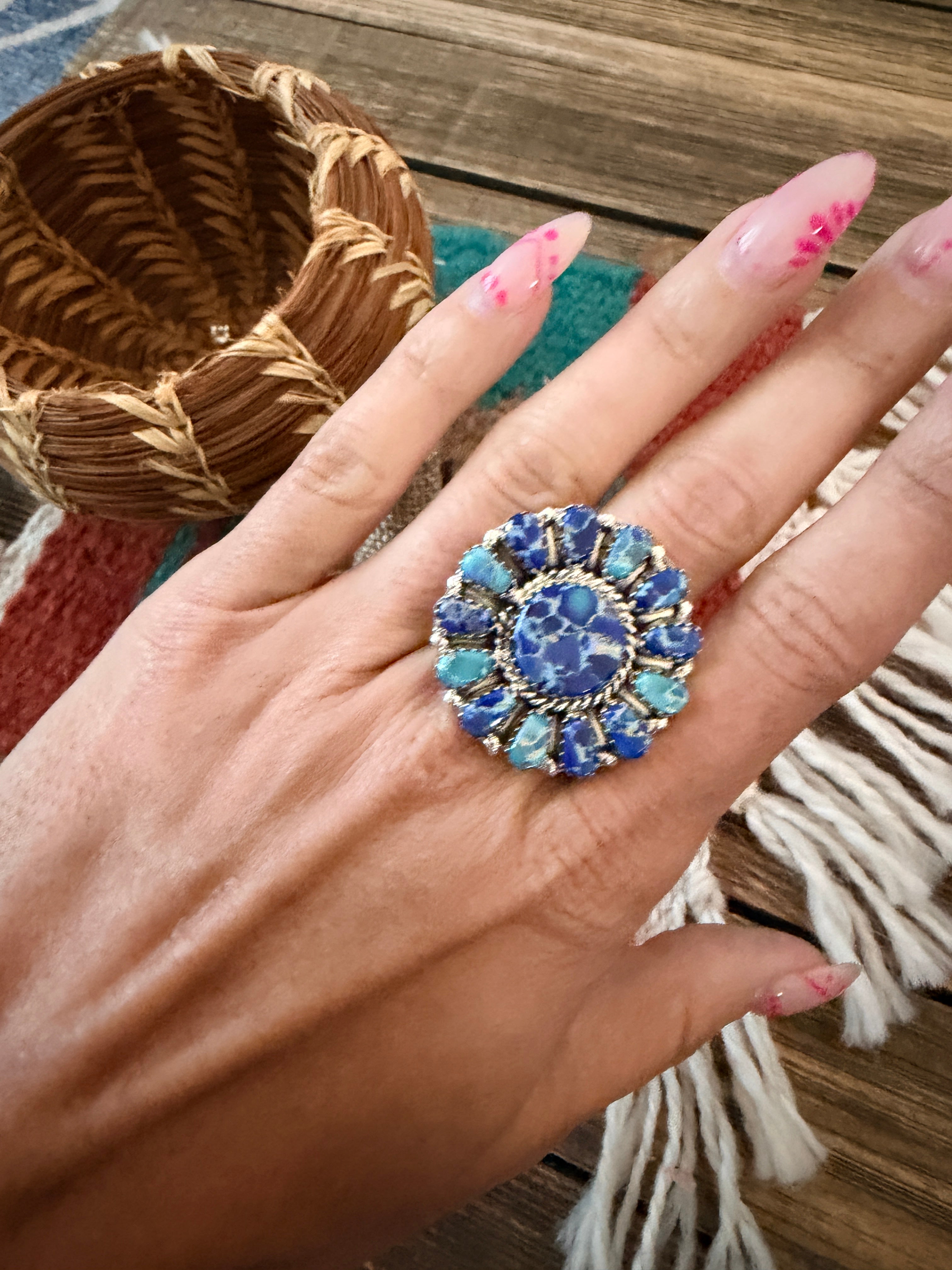 Handcrafted Blue Mojave Turquoise & Sterling Silver Adjustable Cluster Ring