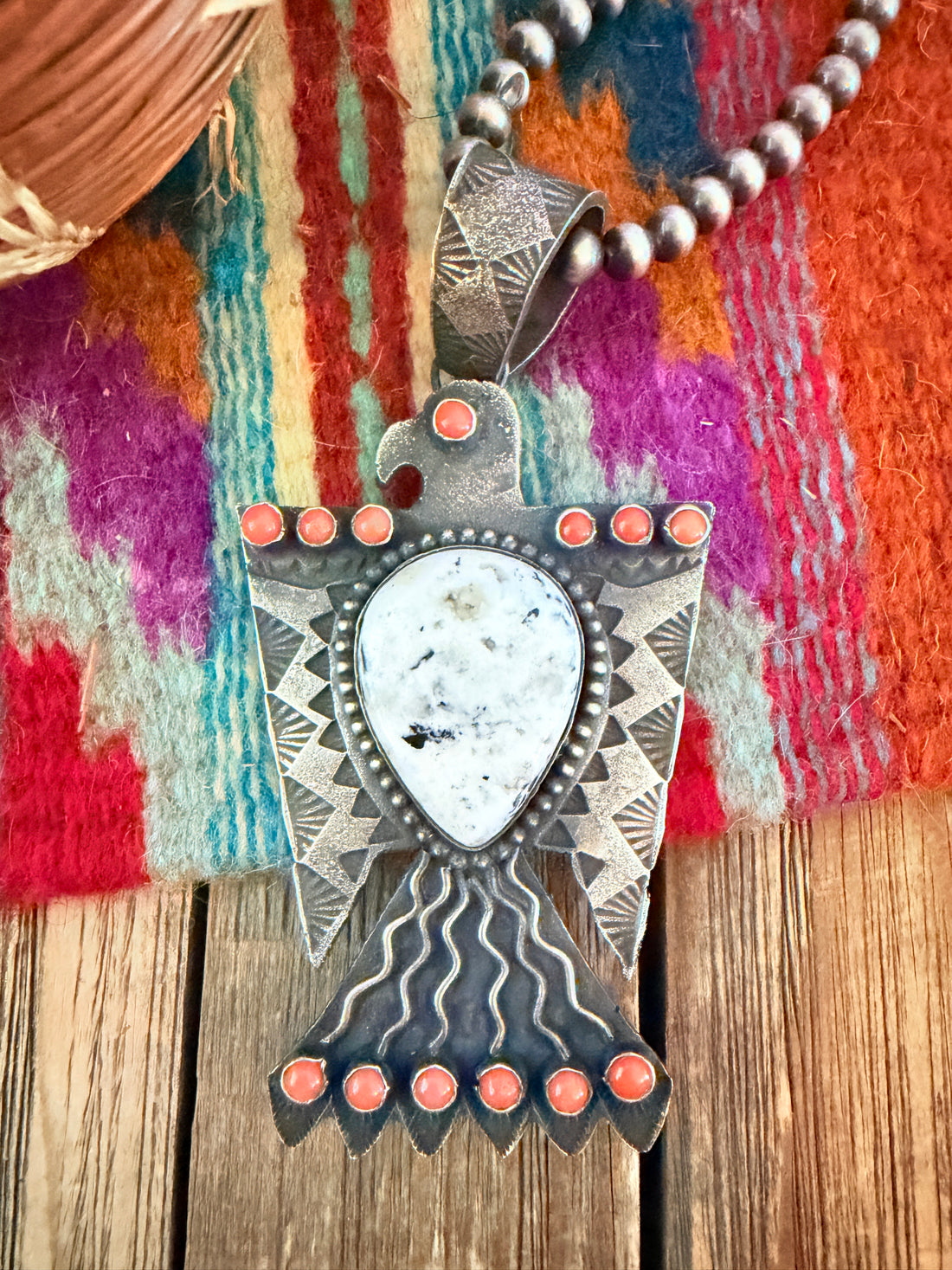 Handcrafted Sterling Silver, White Buffalo & Coral Thunderbird Pendant by Shawn Cayatineto