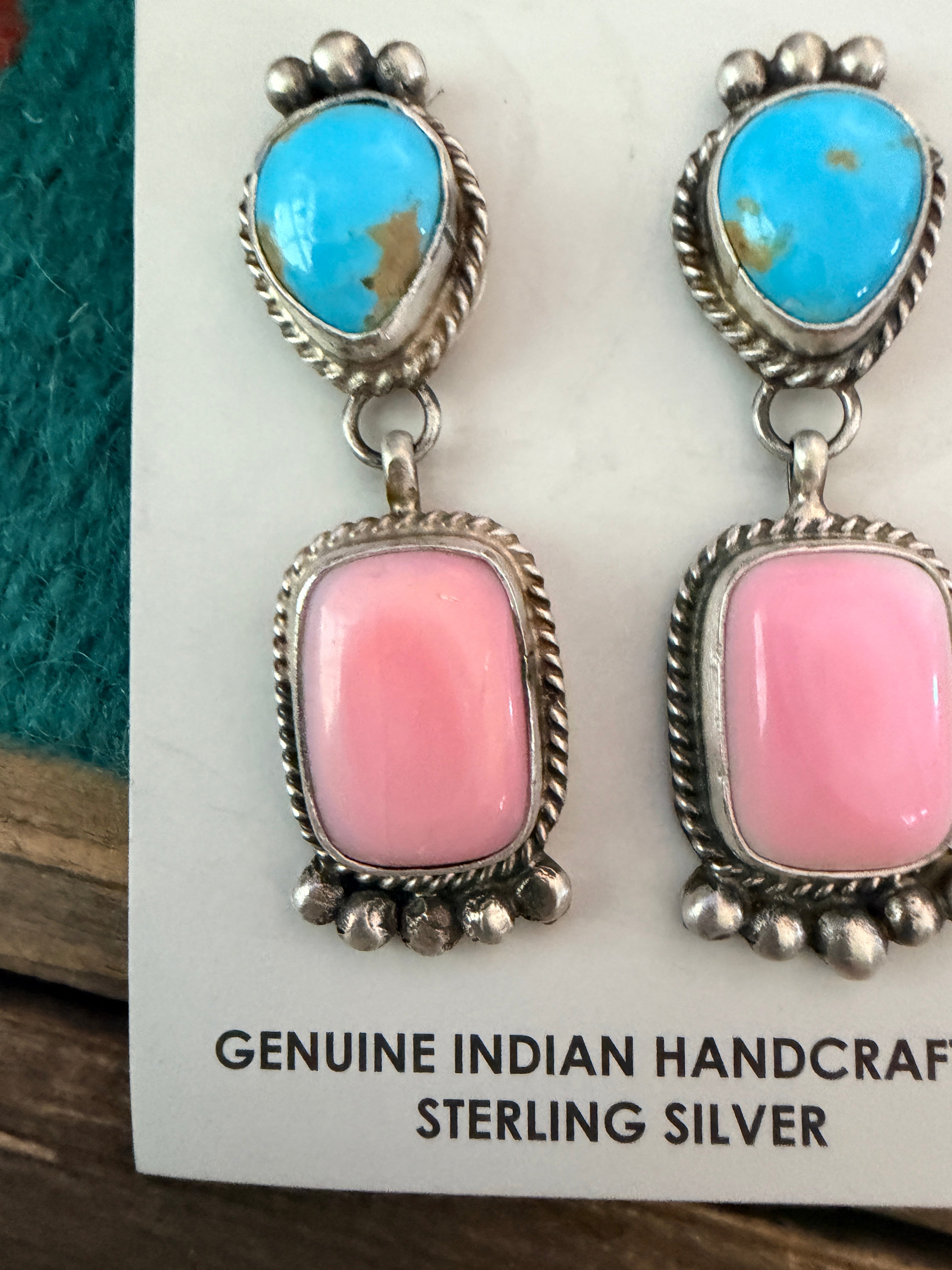 Handcrafted Sterling Silver, Turquoise & Queen Pink Conch Dangle Earrings by Vicky Hicks