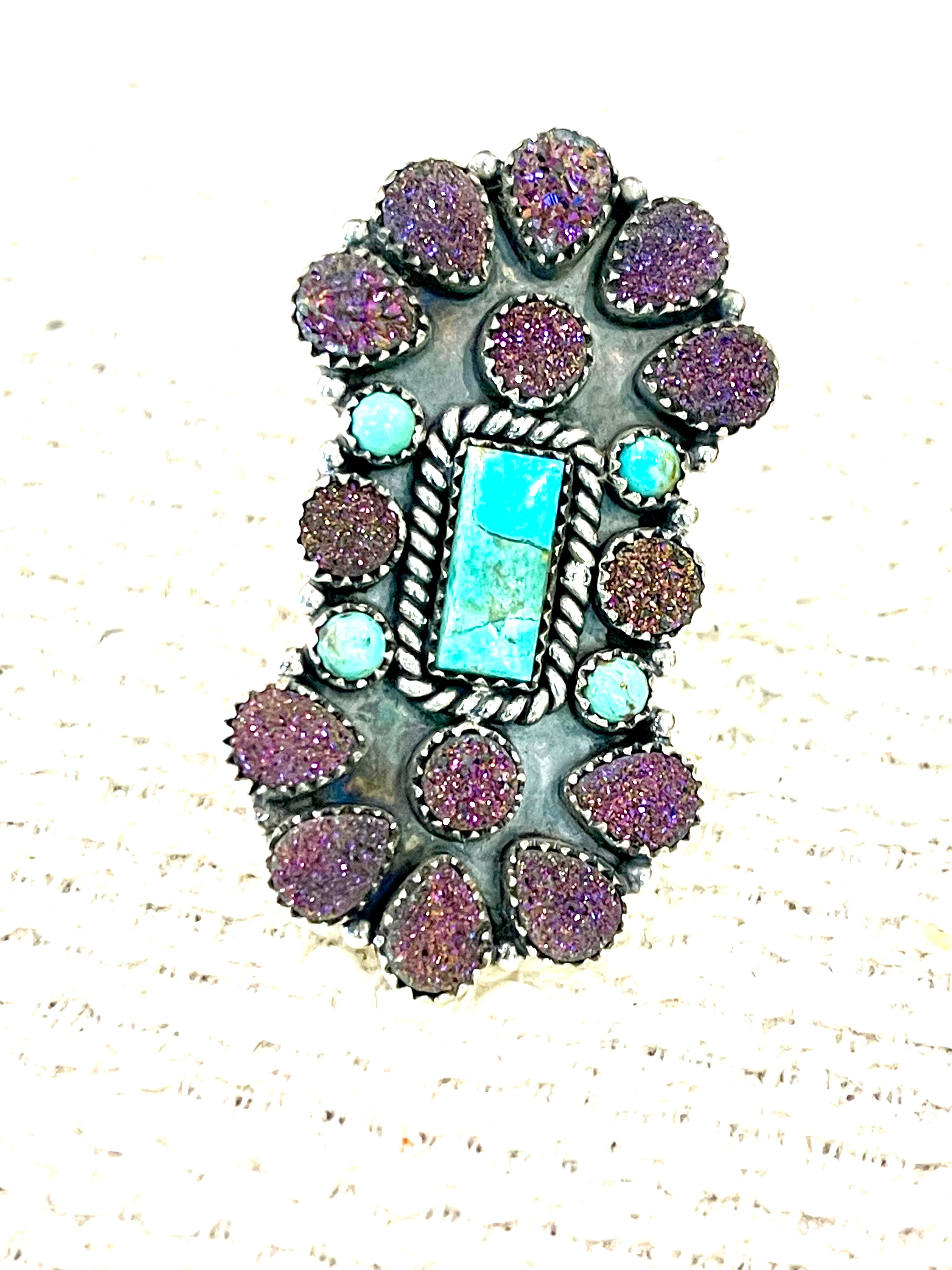 Handcrafted Sterling Silver, Kingman Turquoise & Druzy Adjustable Cluster Ring