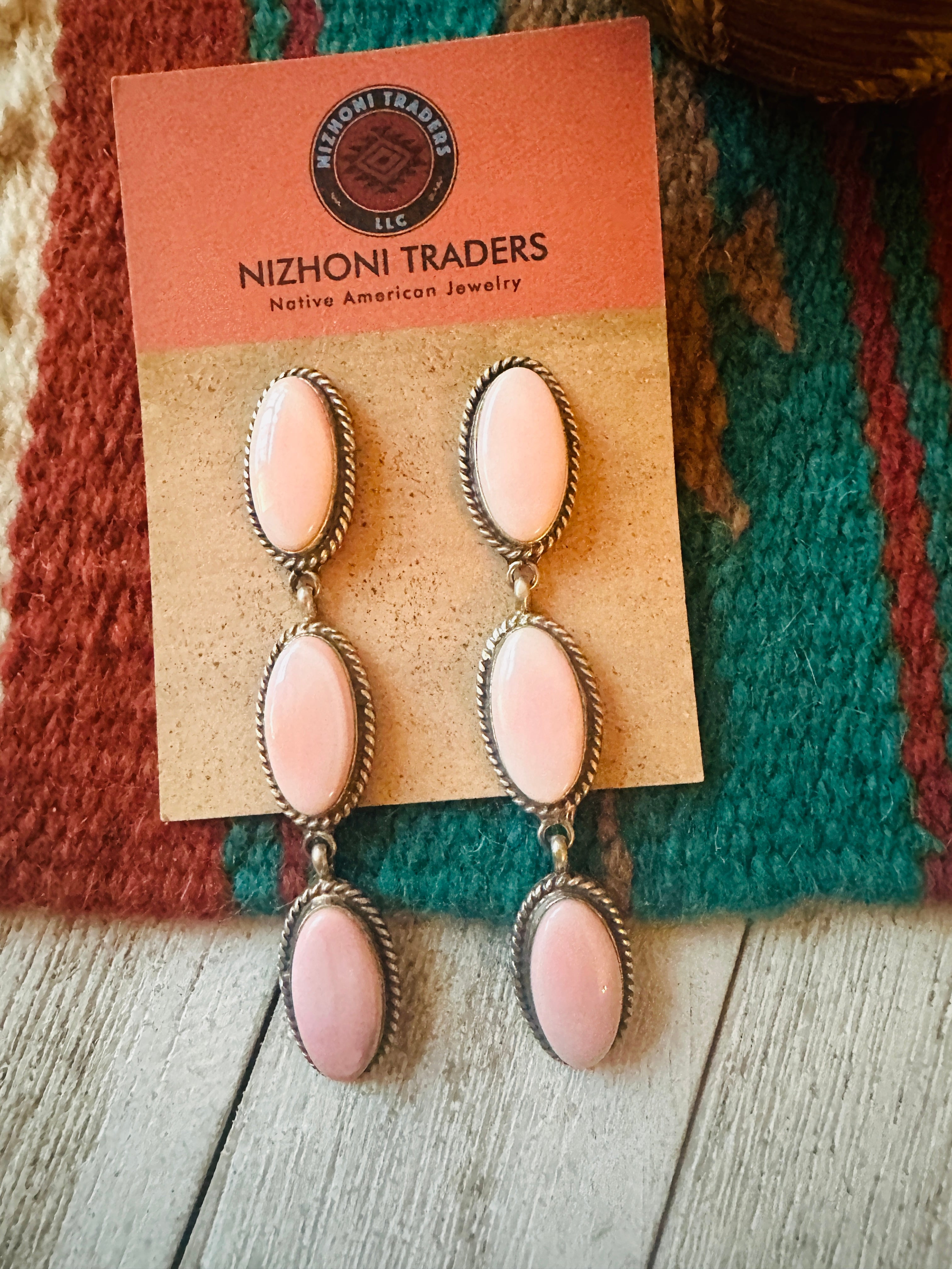 Navajo Queen Pink Conch & Sterling Silver 3-Stone Dangle Earrings