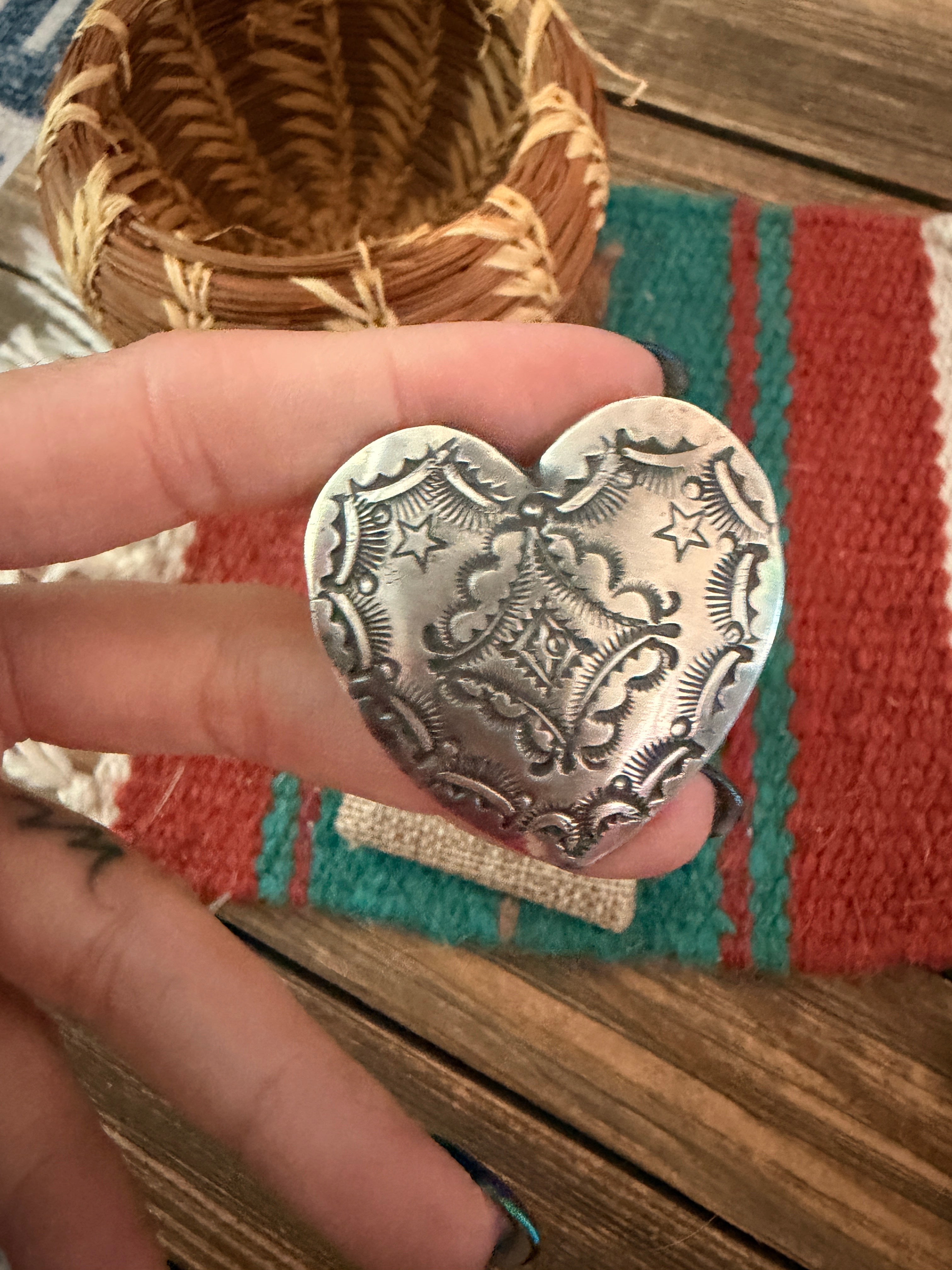 Handcrafted Sterling Silver Adjustable Heart Concho Ring by Vincent Platero