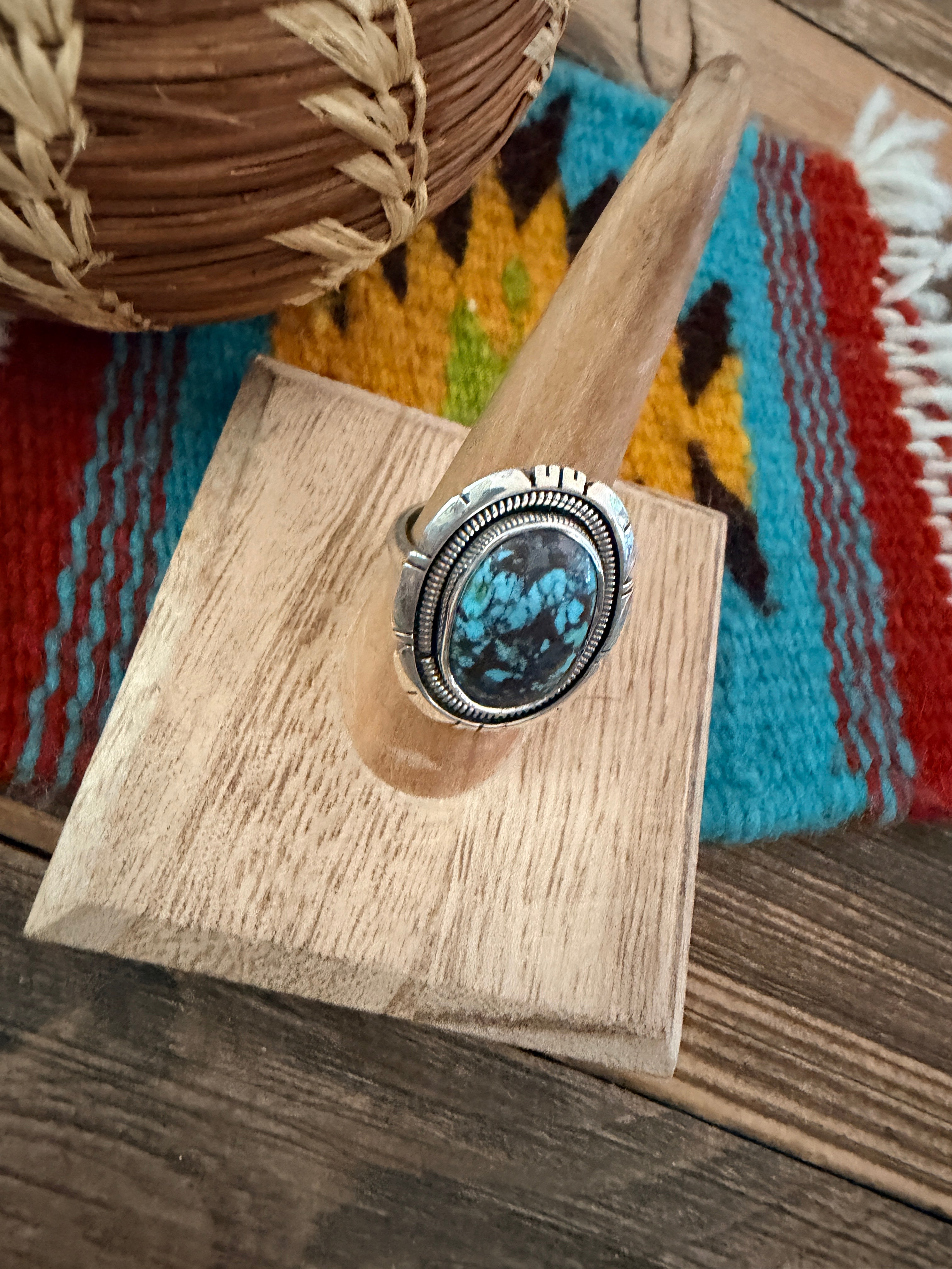 Handcrafted Turquoise & Sterling Silver Ring Size 8 by Wydell Billie