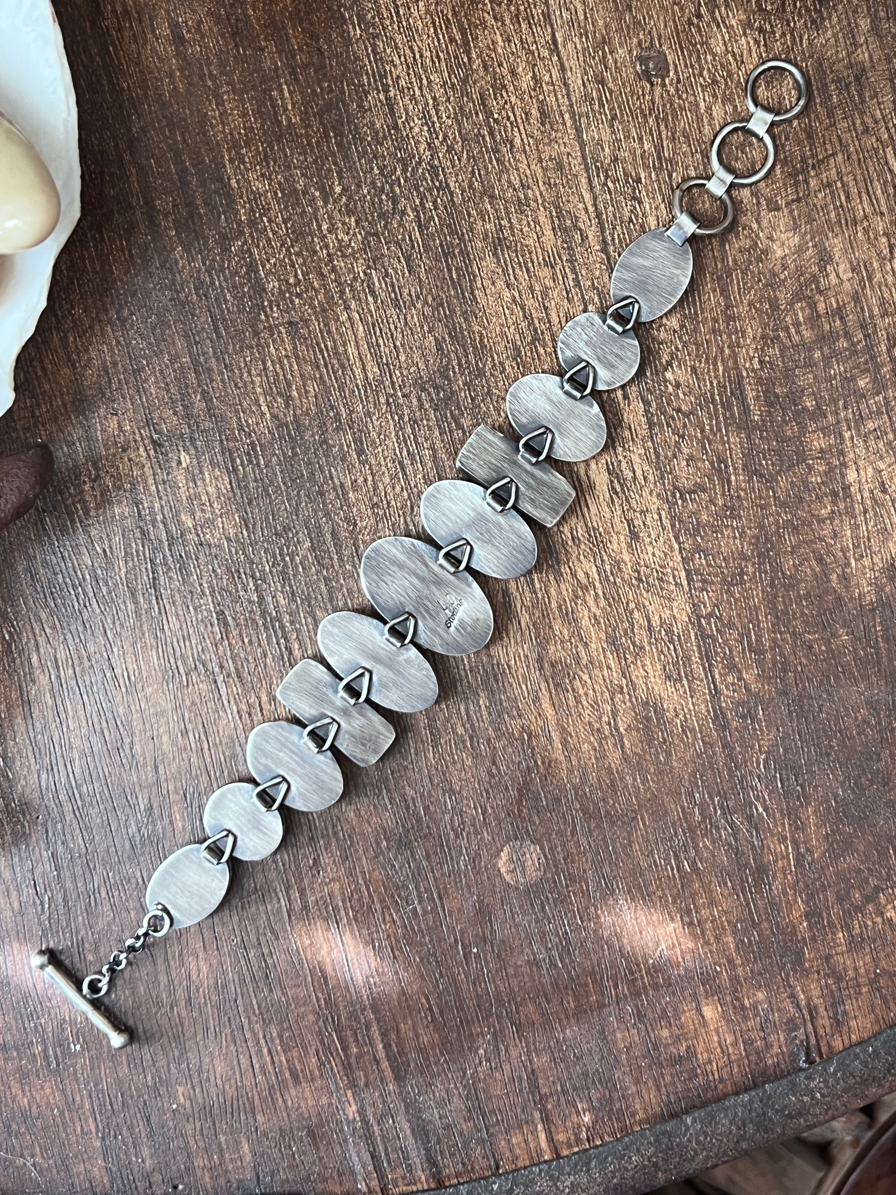 Loretta Delgarito Sterling Silver Electric Rainbow Link Turquoise and Spiny Oyster Bracelet, Ovals & Rectangles