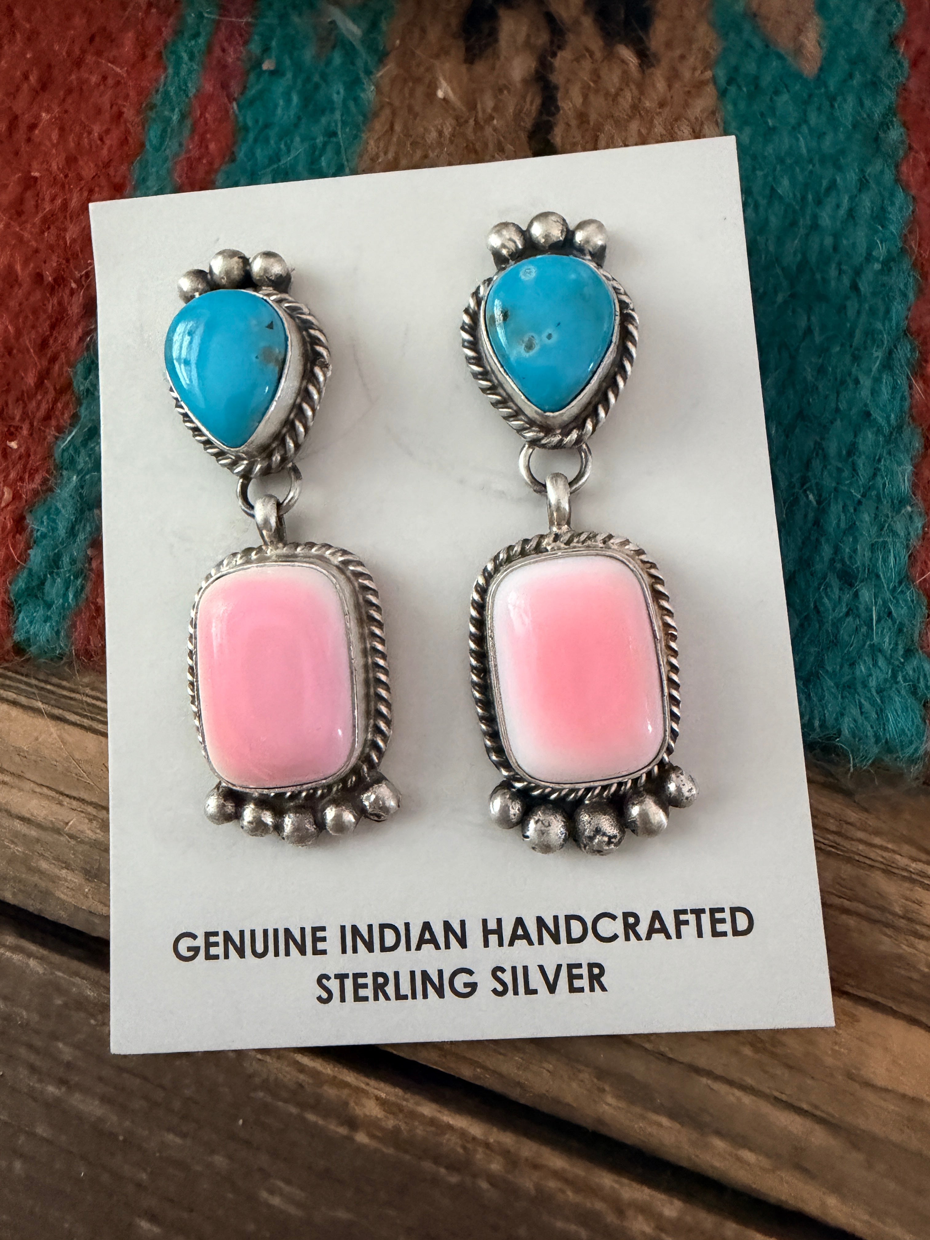 Handcrafted Sterling Silver, Turquoise & Queen Pink Conch Dangle Earrings by Vicky Hicks