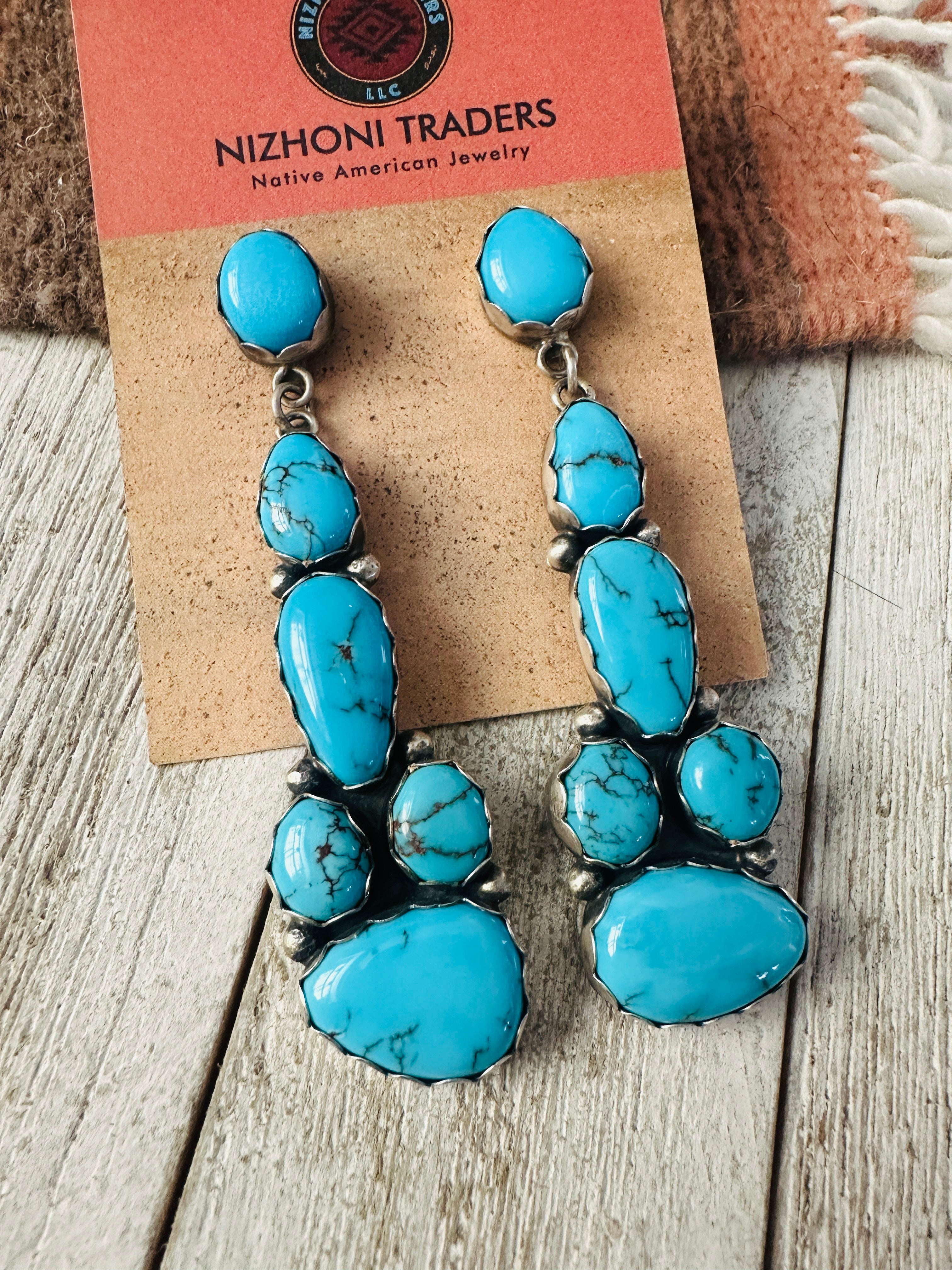 Handcrafted Sterling Silver & Turquoise Cluster Dangle Earrings