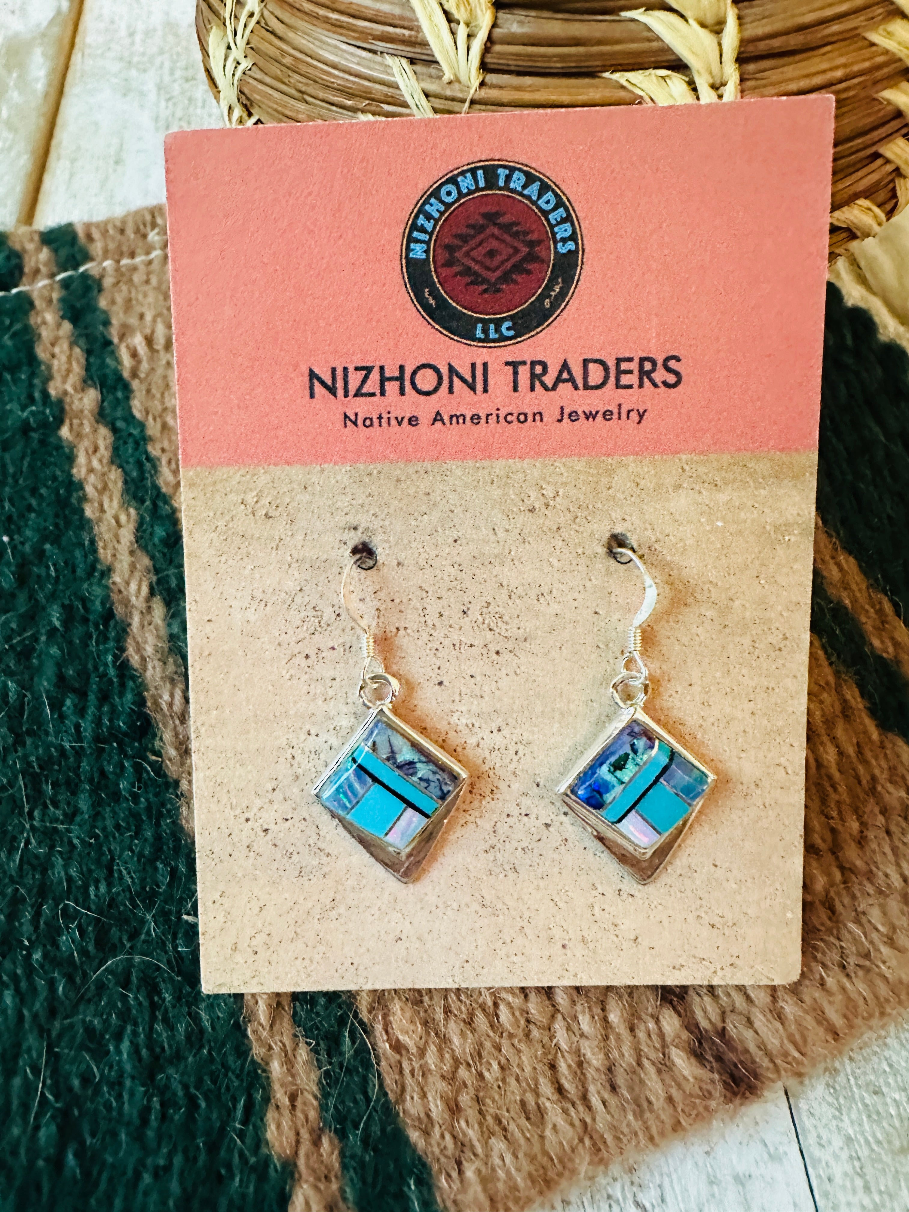 Navajo Sterling Silver & Multi Stone Inlay Dangle Earrings