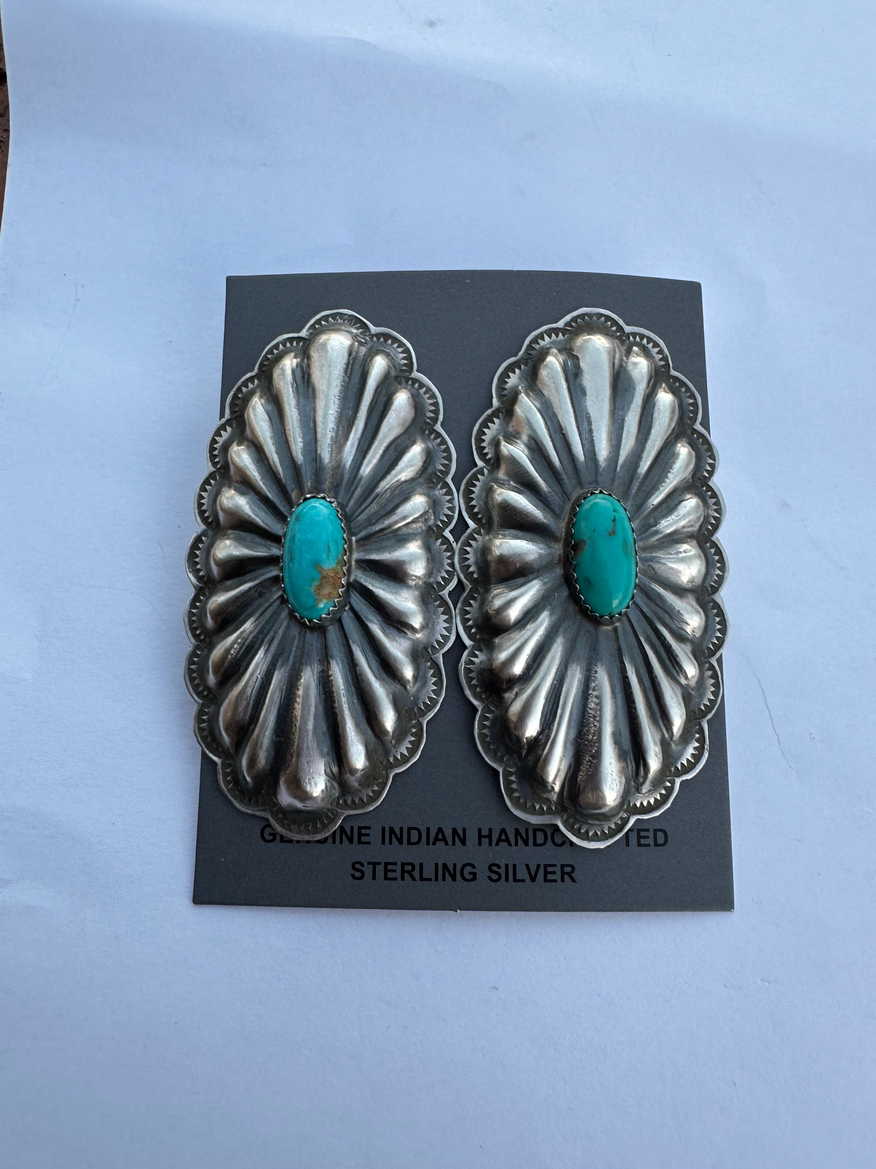 Rita Lee Navajo Hand Stamped Sterling Silver & Turquoise Concho Post Earrings