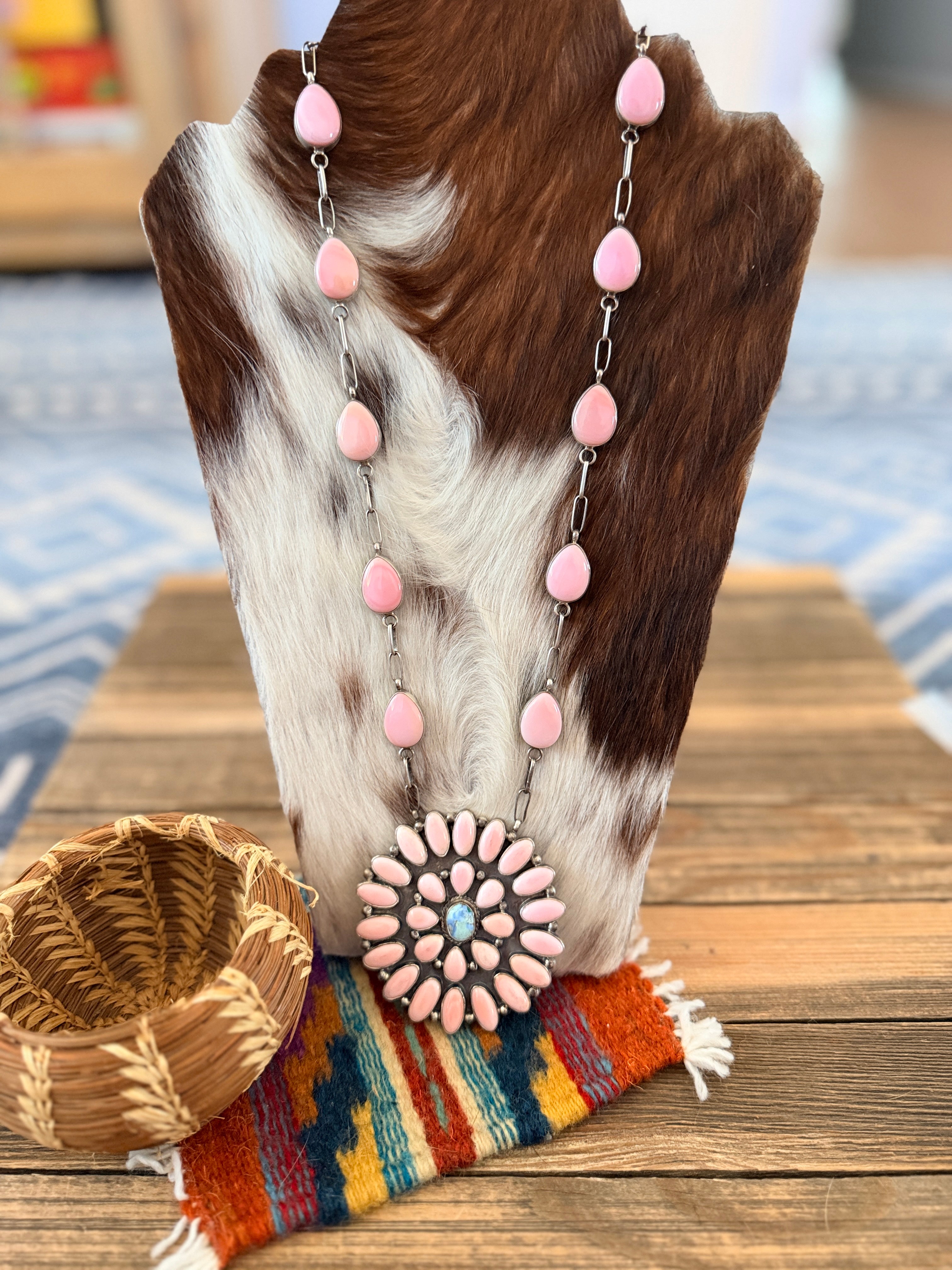 Handcrafted Queen Pink Conch, Turquoise & Sterling Silver Cluster Necklace by Fred Francis