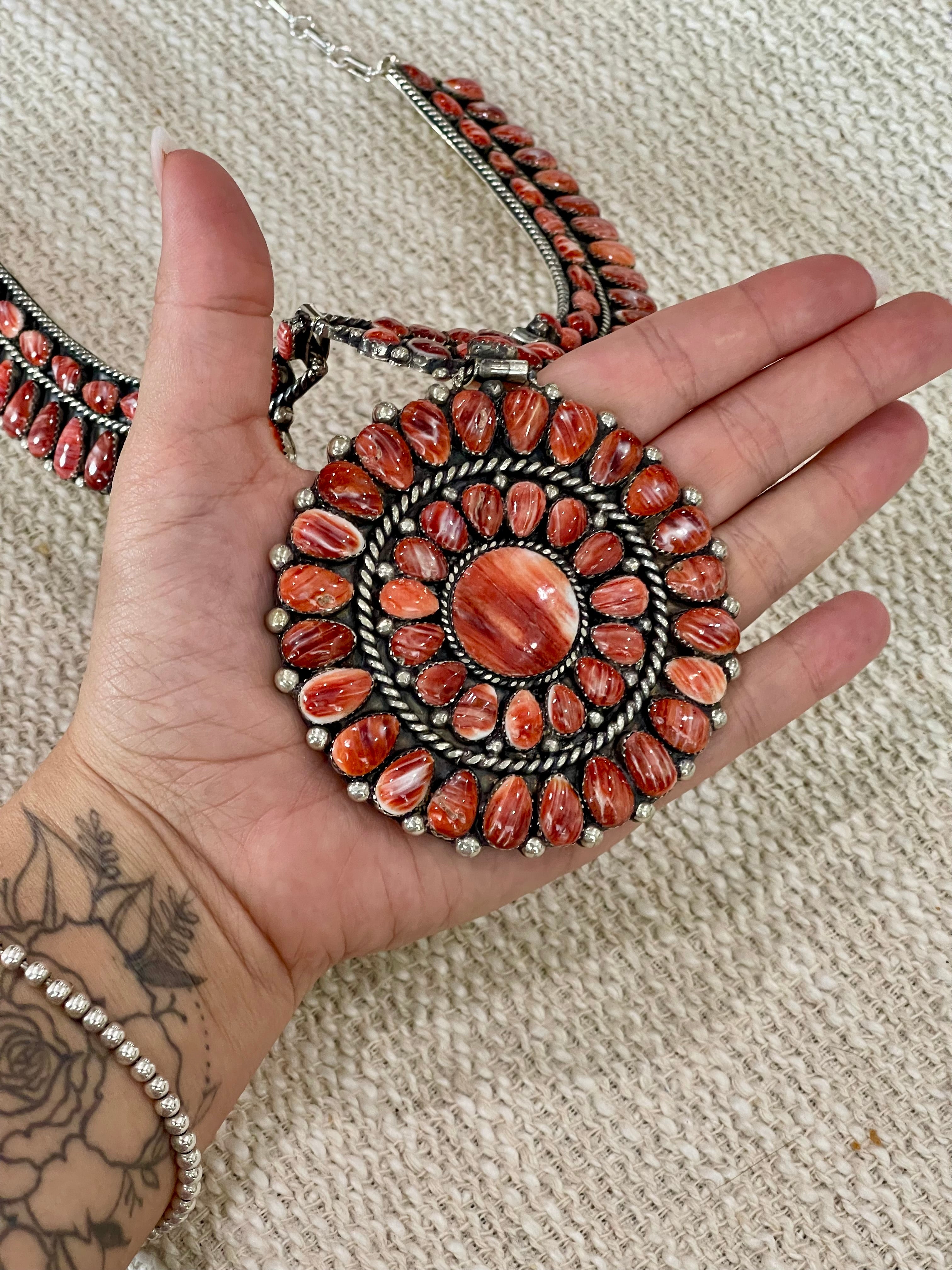 Handmade Sterling Silver & Red Spiny Cluster Necklace