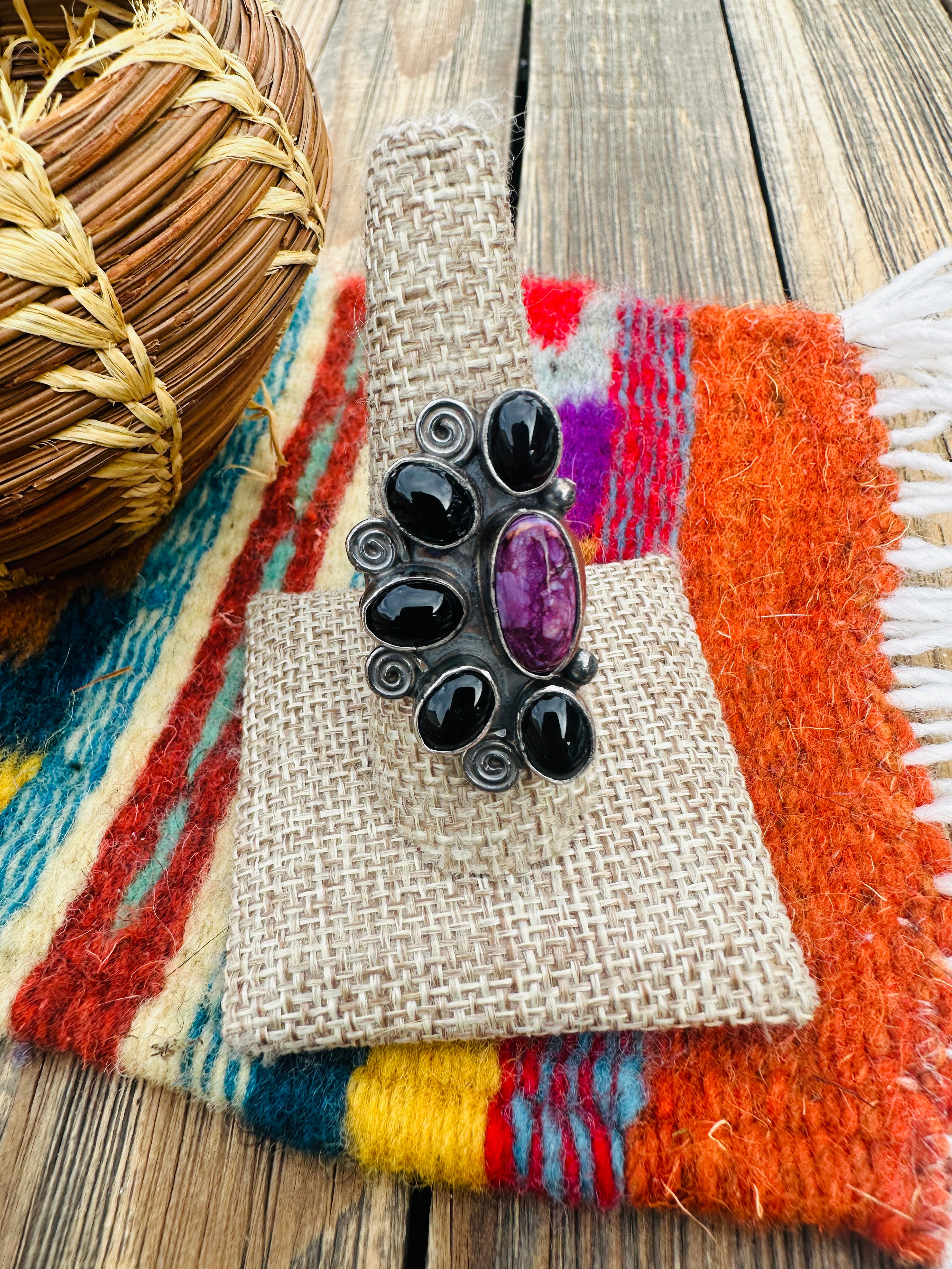 Handcrafted Onyx, Spiny Oyster, & Sterling Silver Adjustable Ring by Jacqueline Silver