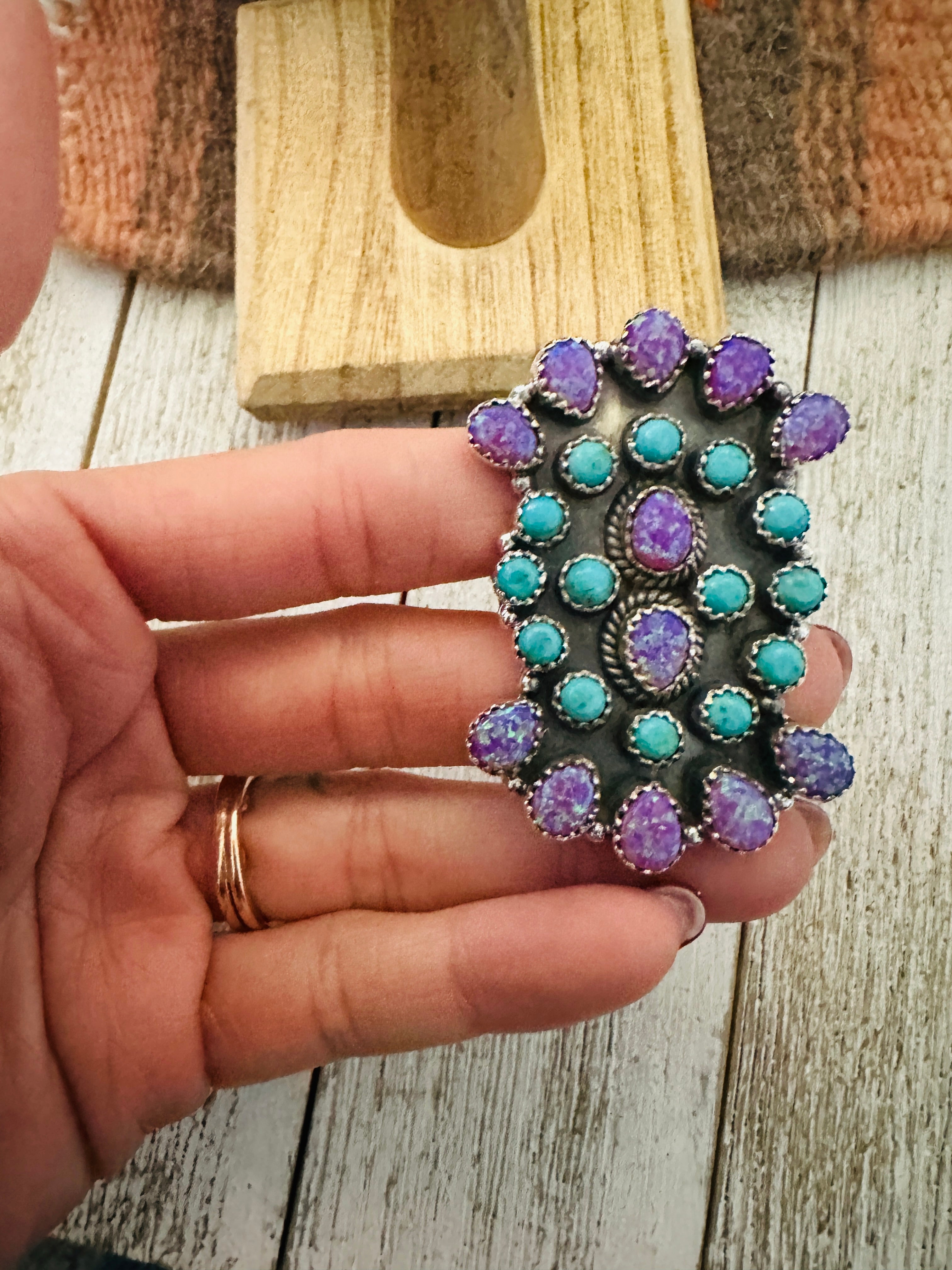 Handmade Sterling Silver, Turquoise & Purple Opal Cluster Adjustable Ring by Nizhoni