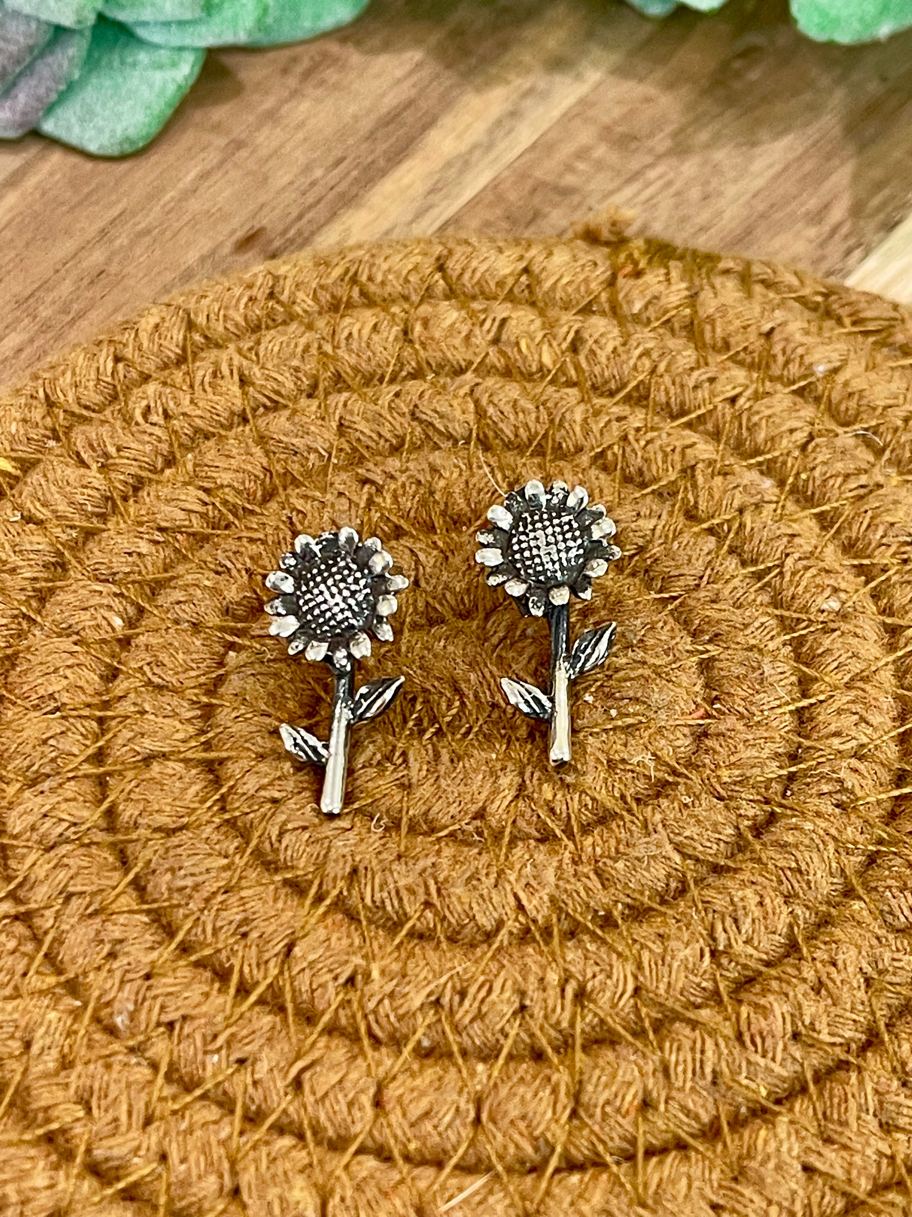 Handmade In Mexico Sterling Silver, Sunflower Stud Earrings