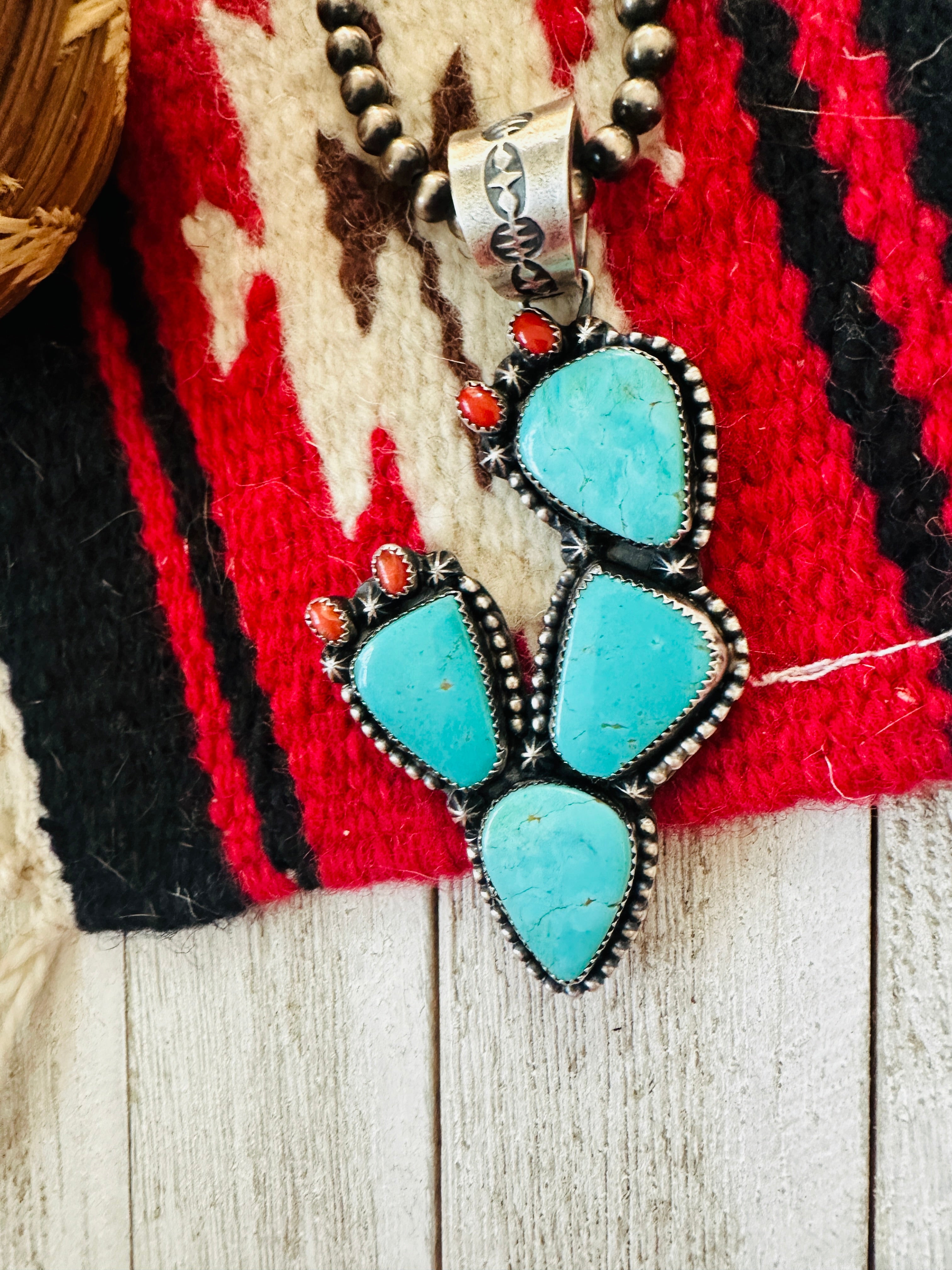 Navajo Turquoise, Coral and Sterling Silver Cactus Pendant