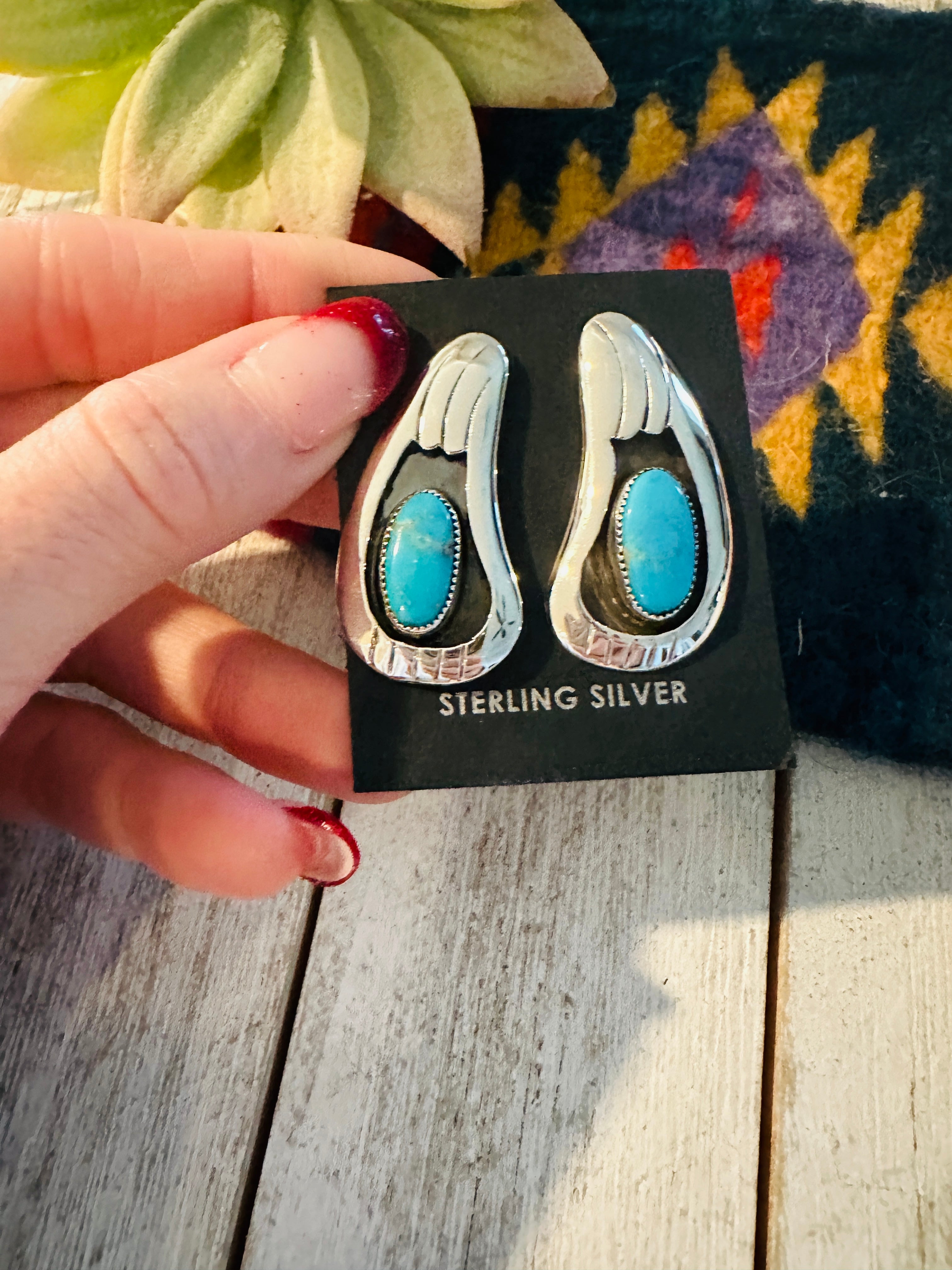 Navajo Kingman Turquoise and Sterling Silver Shadowbox Earrings