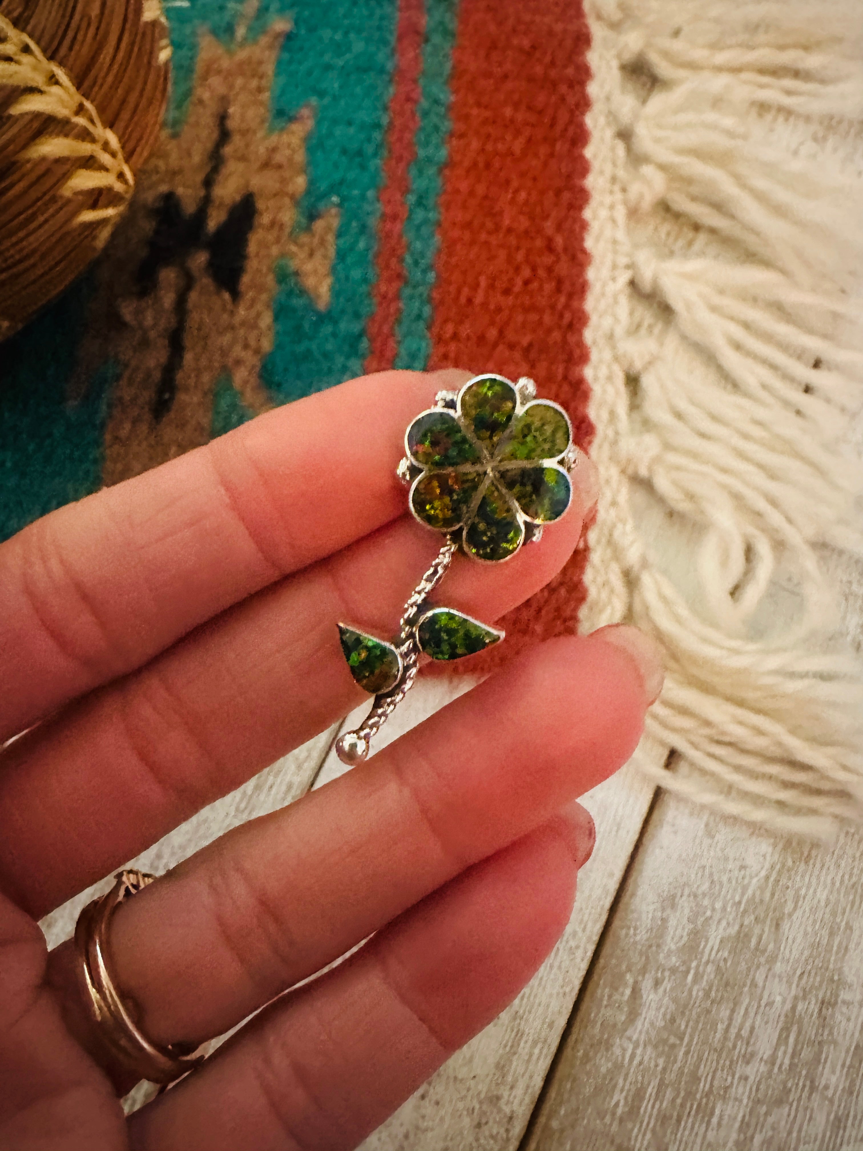 Zuni Opal & Sterling Silver Inlay Flower Pendant