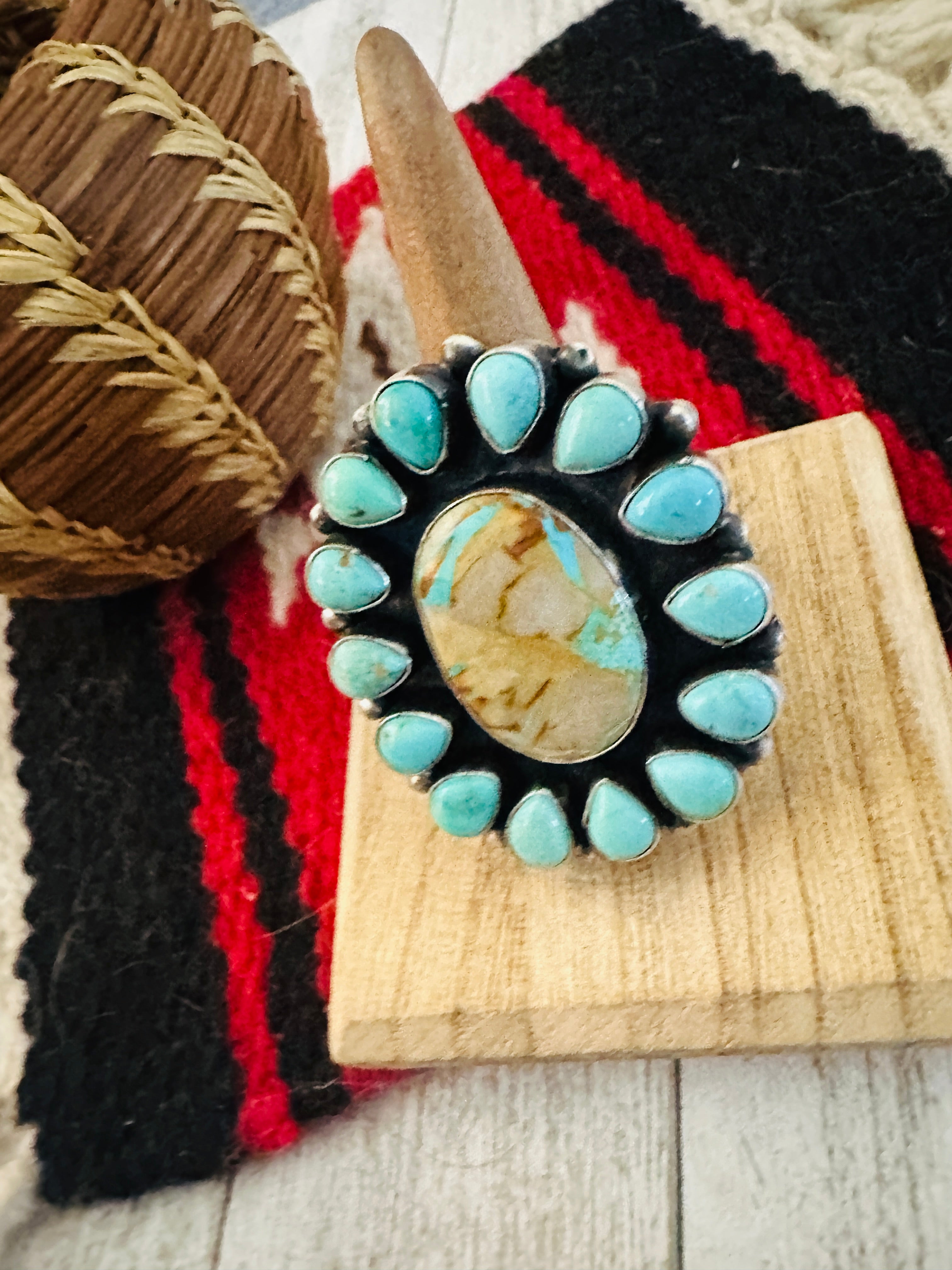 Navajo Ribbon Turquoise & Sterling Silver Cluster Ring Size 8