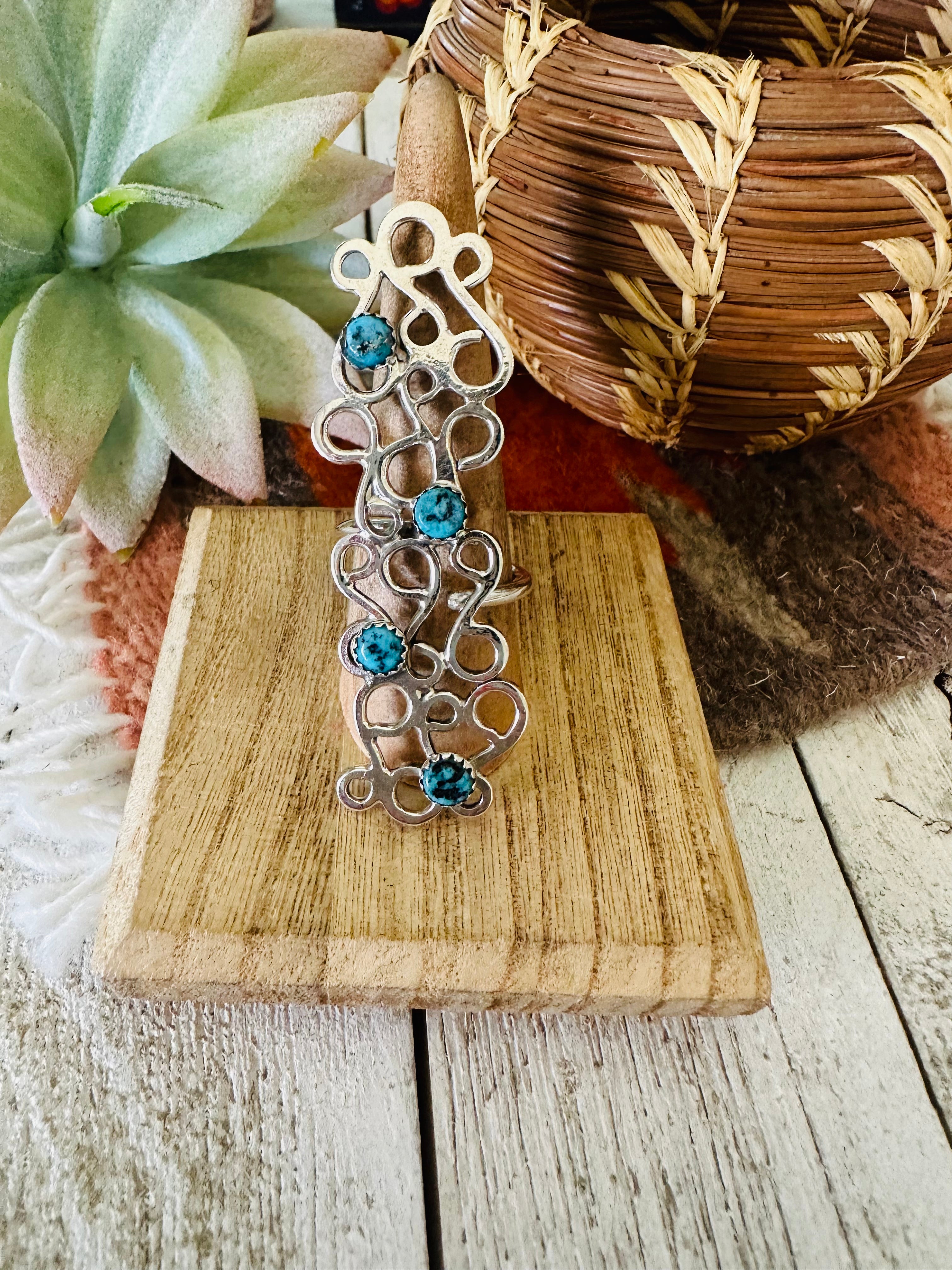 Navajo Sterling Silver & Turquoise Adjustable Abstract Ring