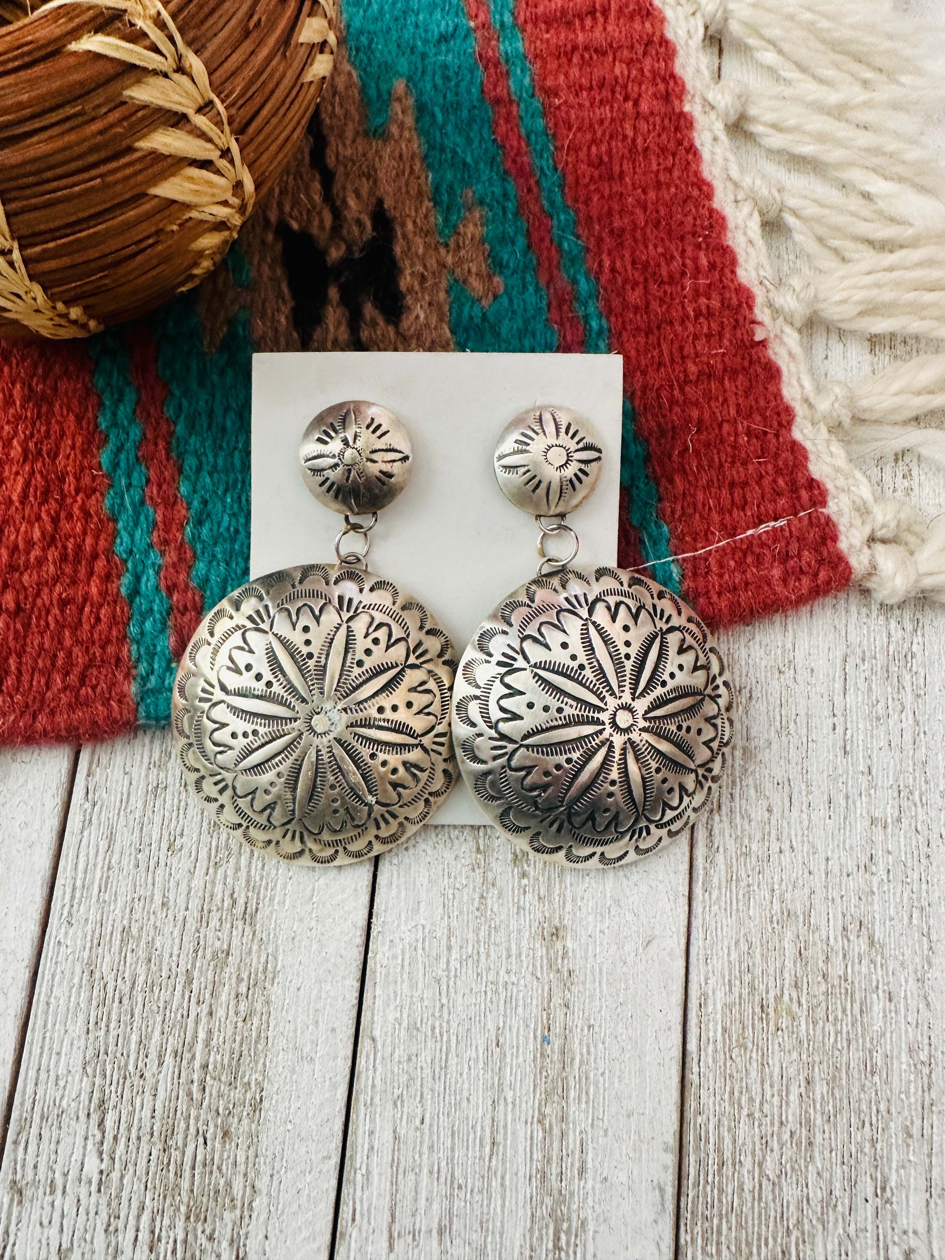 Navajo Hand Stamped Sterling Silver Concho Dangle Earrings