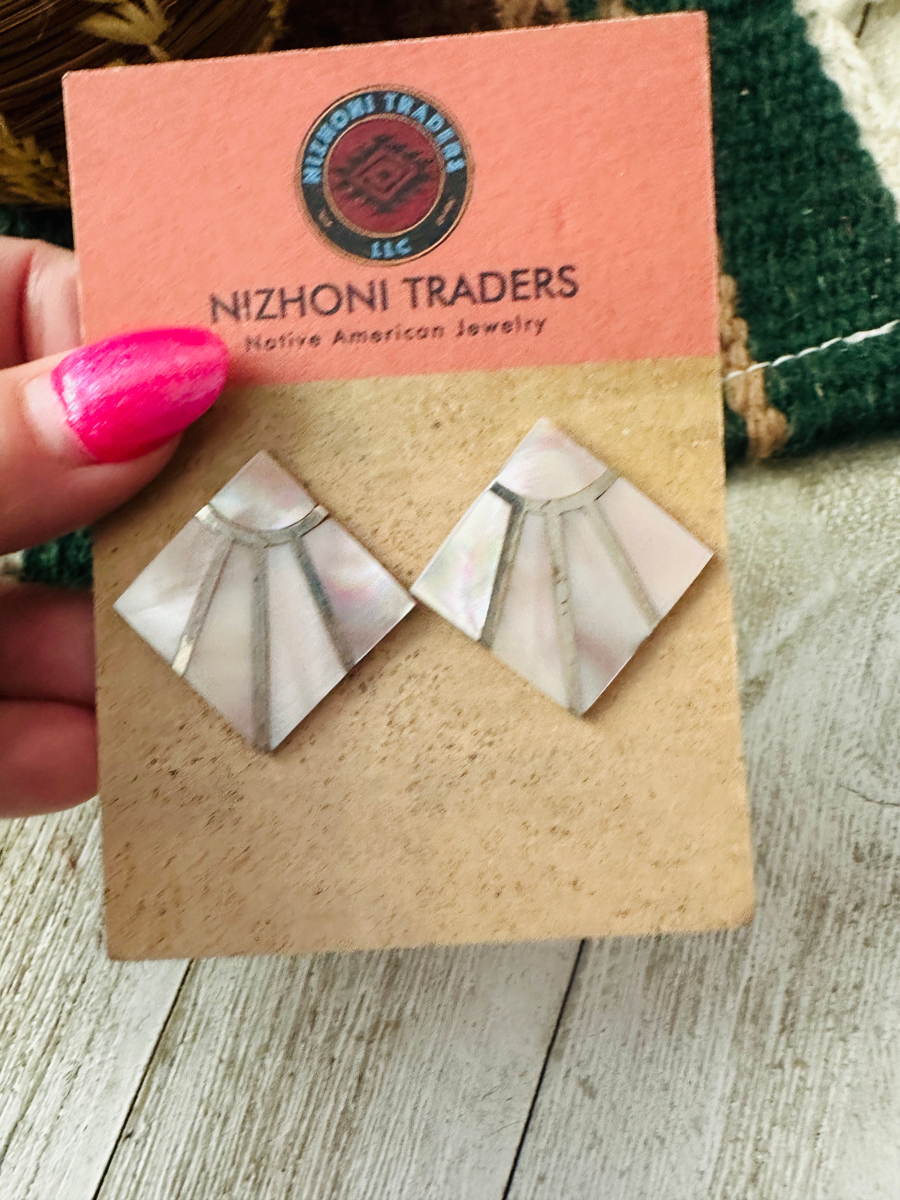 Old Pawn Mother of Pearl & Sterling Silver Inlay Earrings