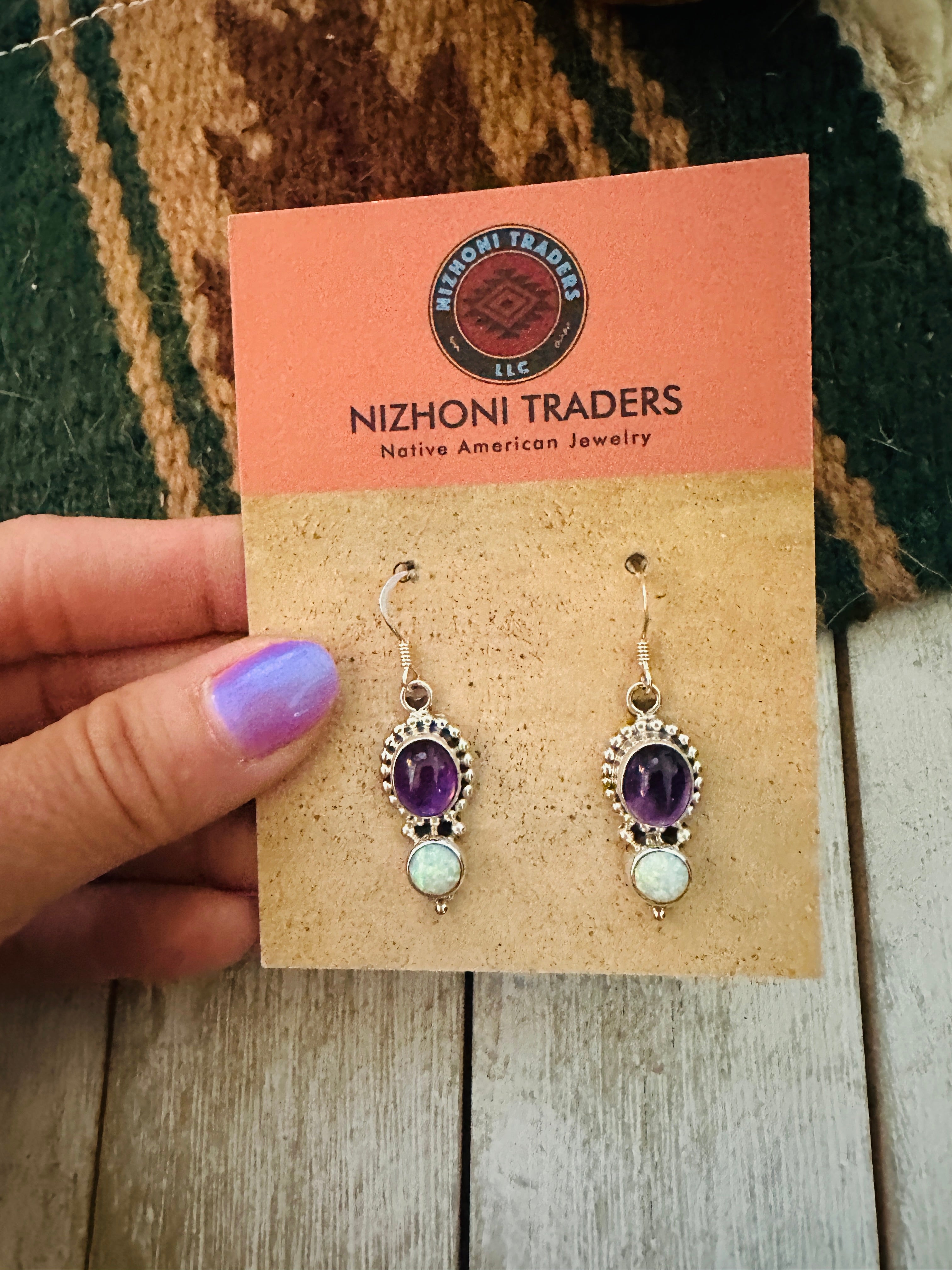 Navajo Amethyst, Opal & Sterling Silver Dangle Earrings