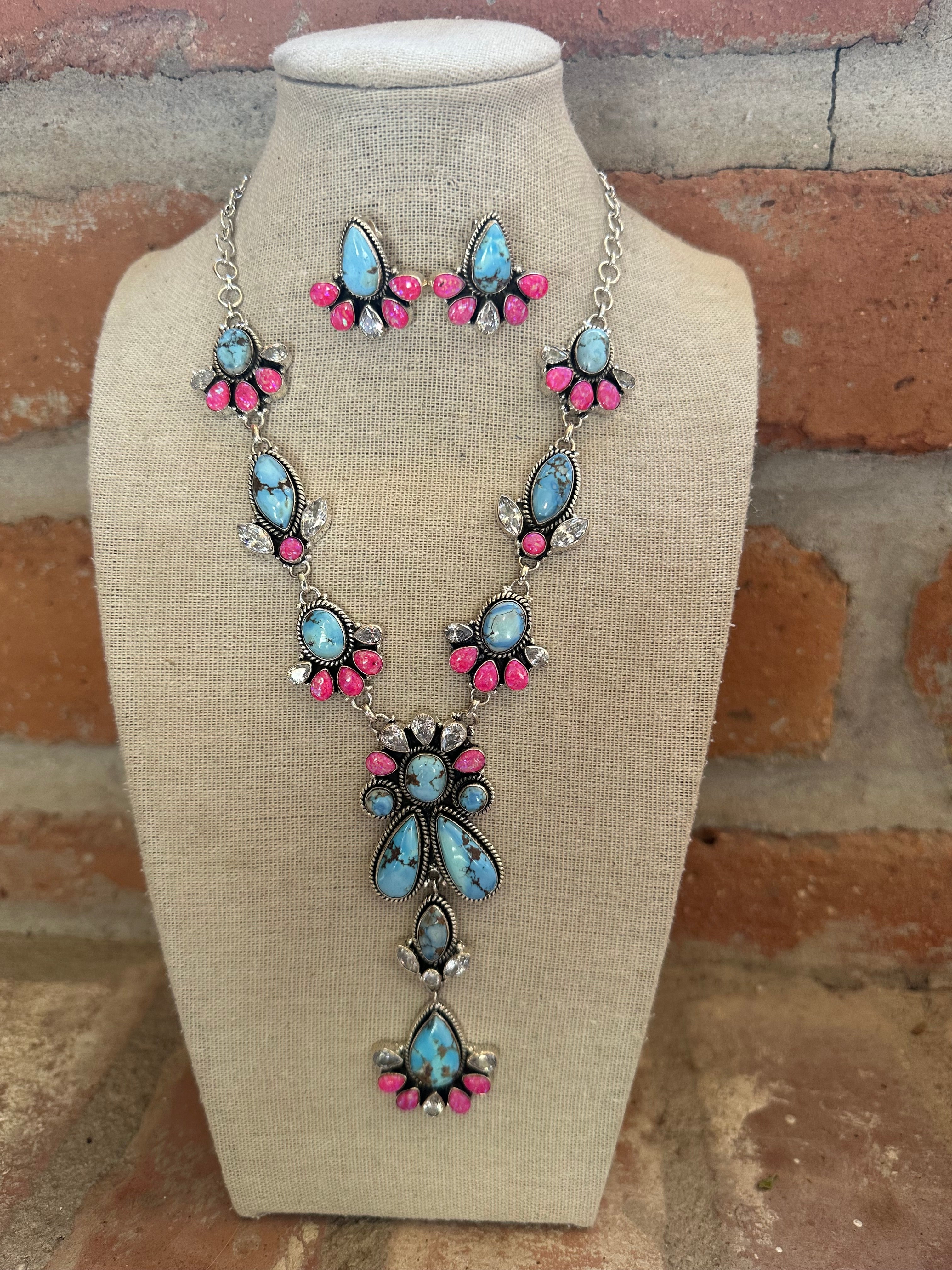 Handmade Sterling Silver, Hot Pink Fire Opal, CZ & Golden Hills Turquoise Set Necklace Signed Nizhoni