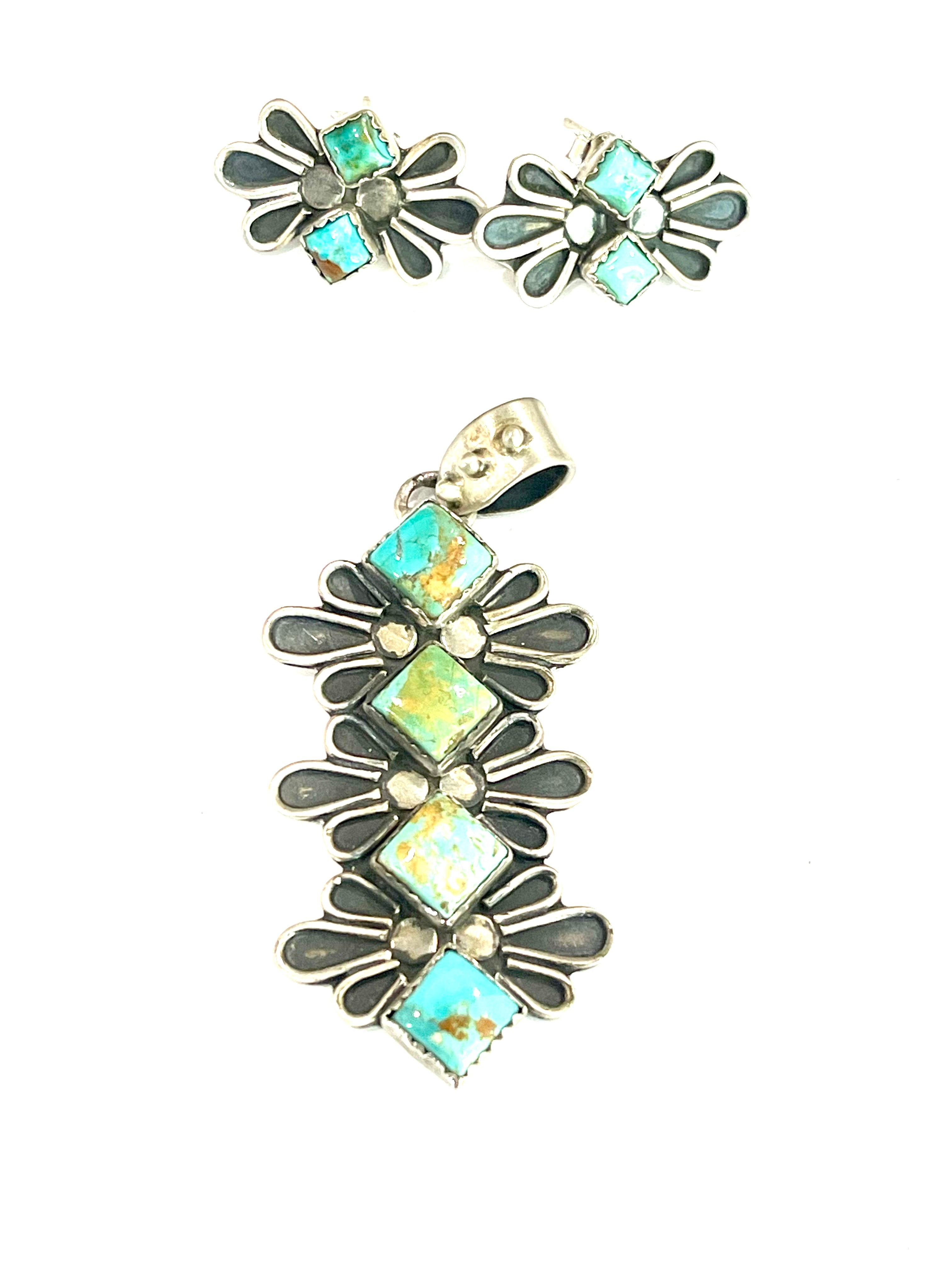 Handmade Sterling Silver & Kingman Turquoise Pendant And Earring Set