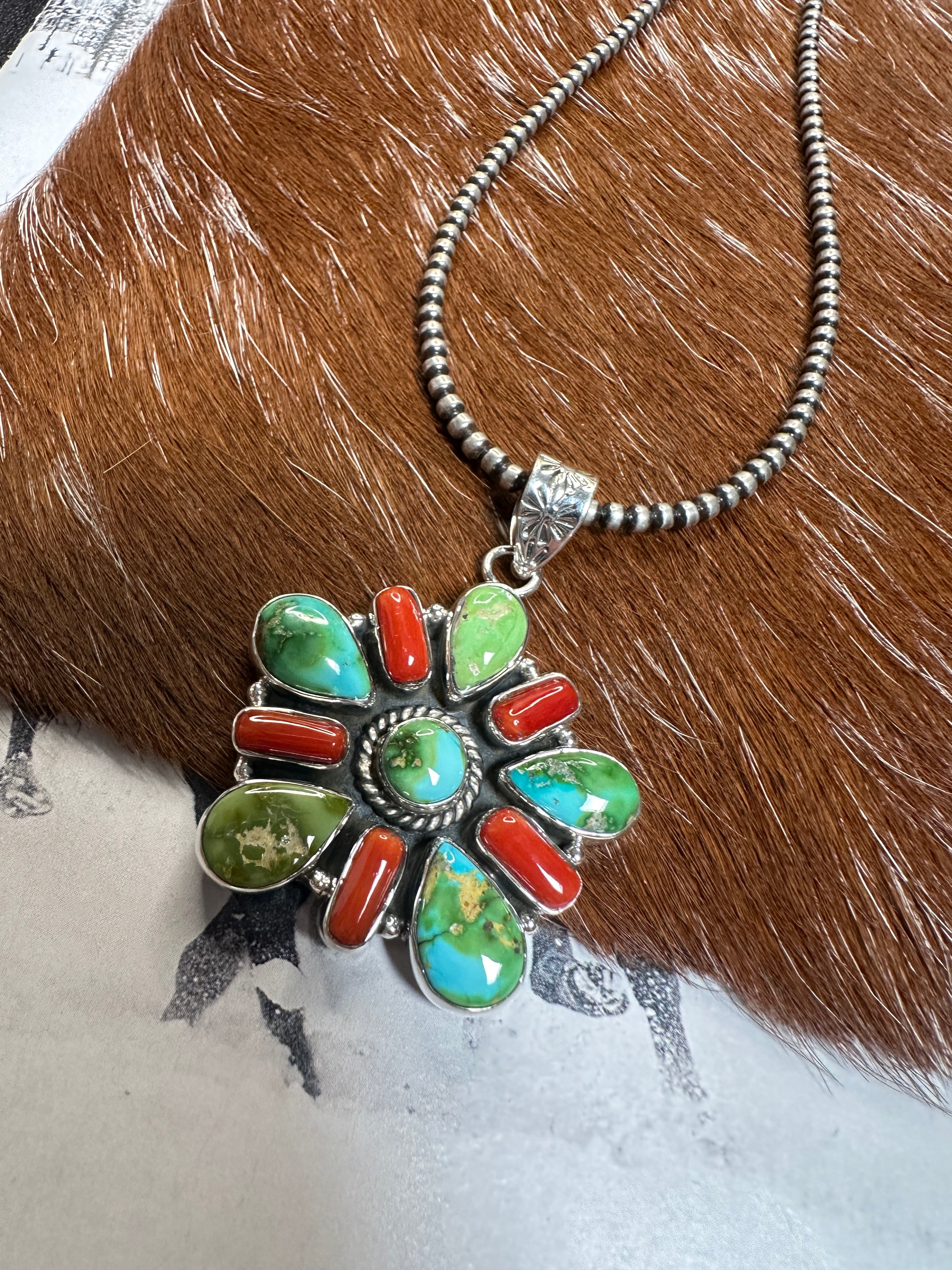 Beautiful Handmade Sterling Silver, Coral & Sonoran Mountain Turquoise Pendant style 3